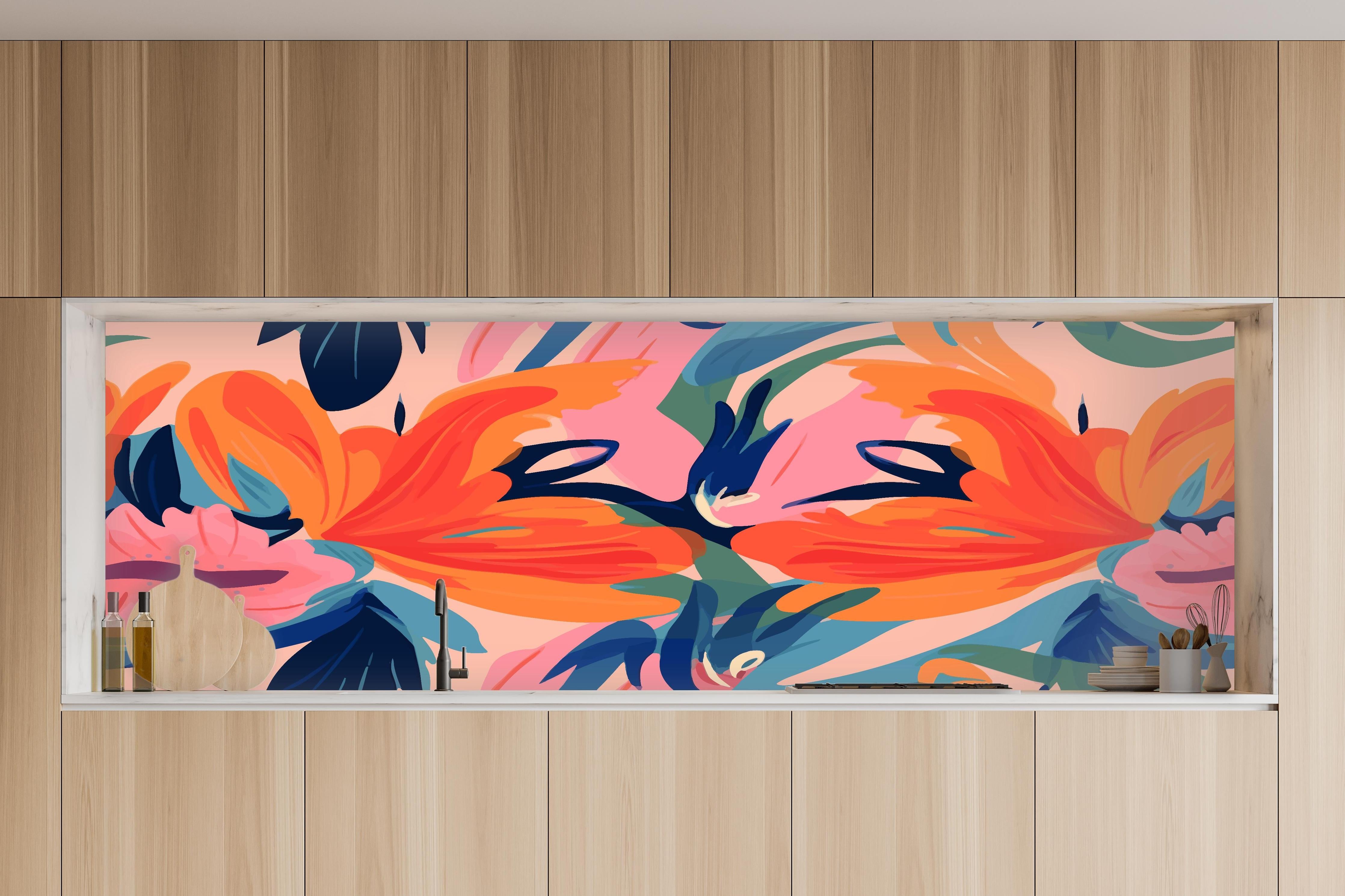 Küche - Tropisches Dämmerungs-Blumenmuster in charakteristischer Vollholz-Küche mit modernem Gasherd