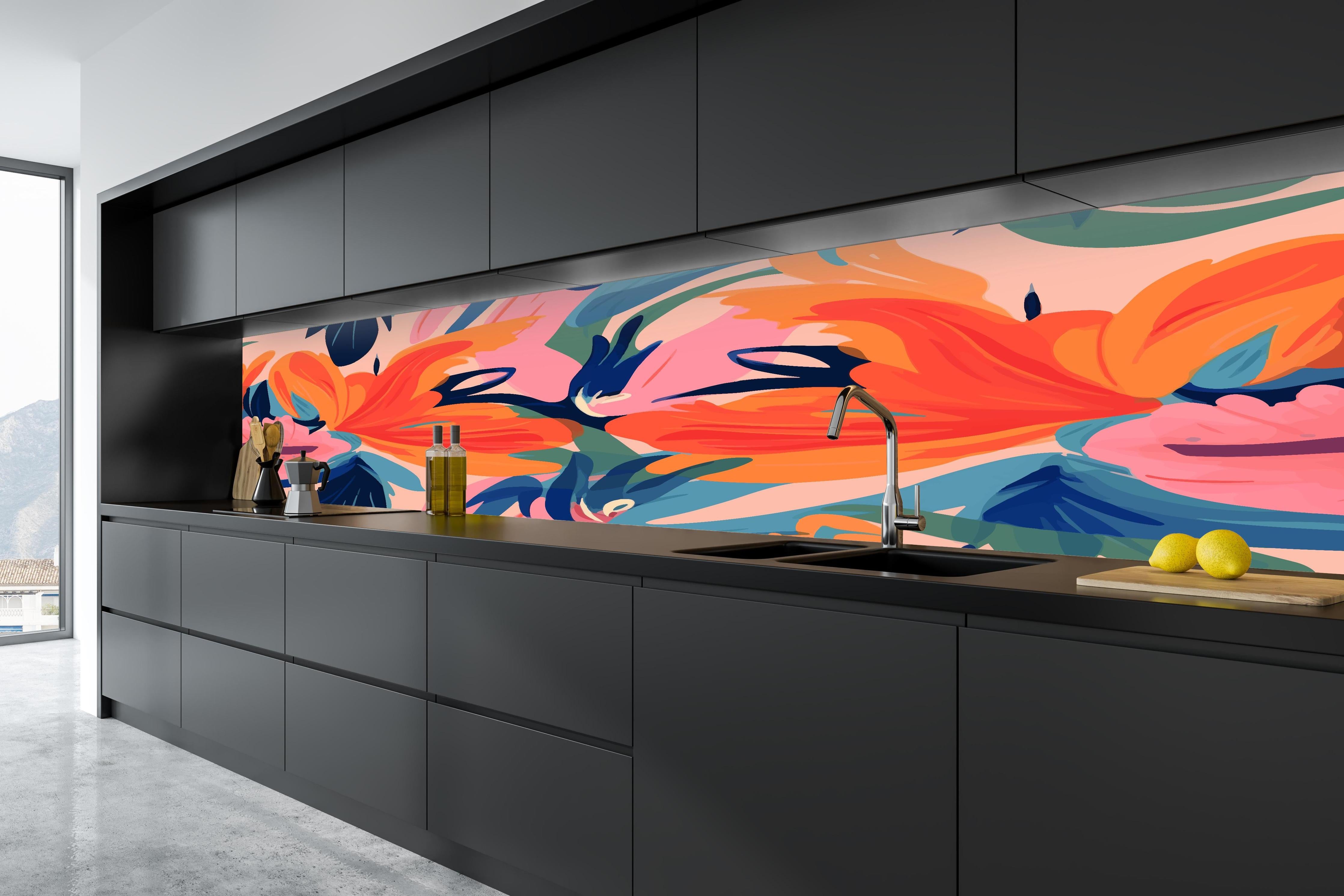 Küche - Tropisches Dämmerungs-Blumenmuster in tiefschwarzer matt-premium Einbauküche