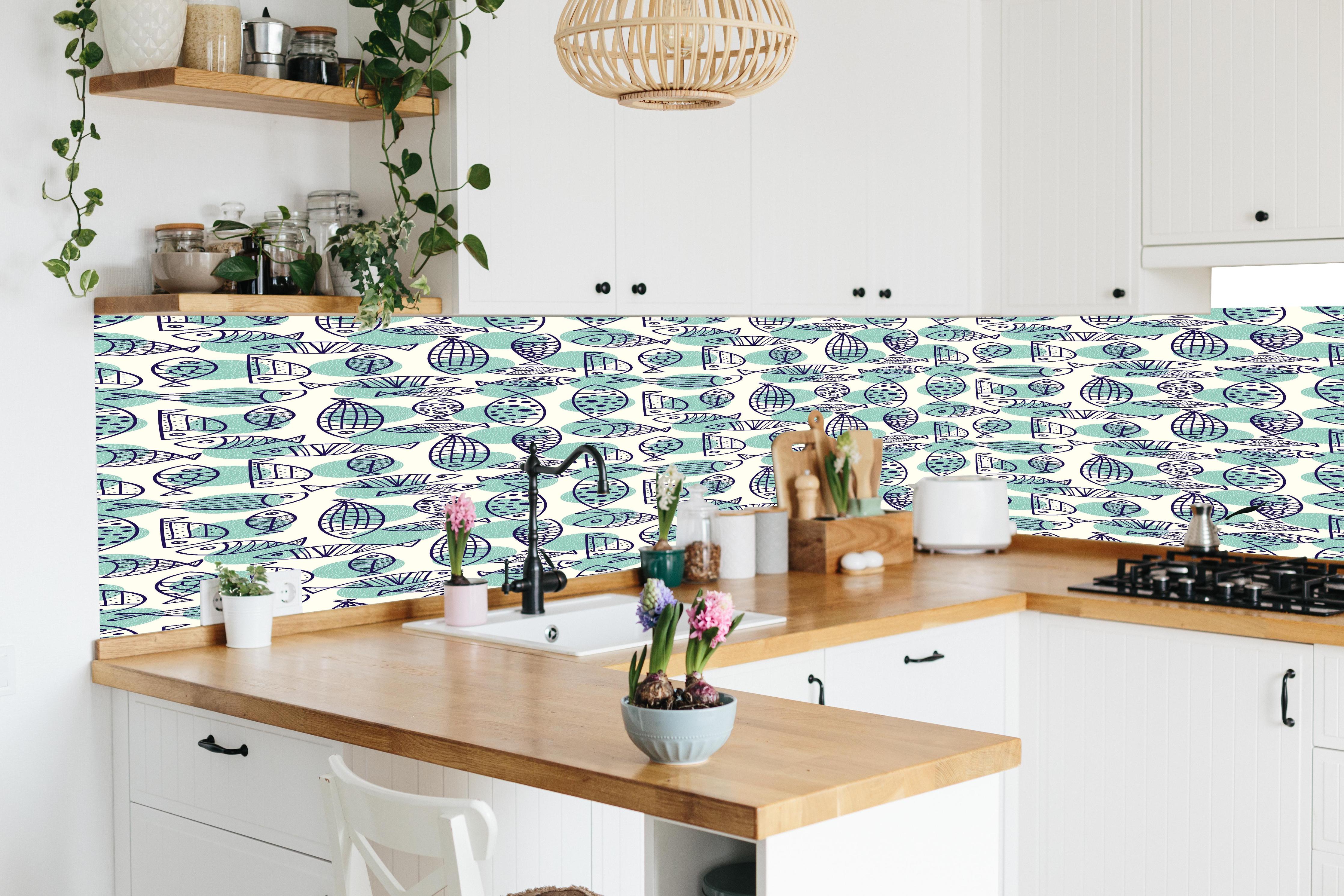 Küche - Türkis-Blau Fischmuster in lebendiger Küche mit bunten Blumen