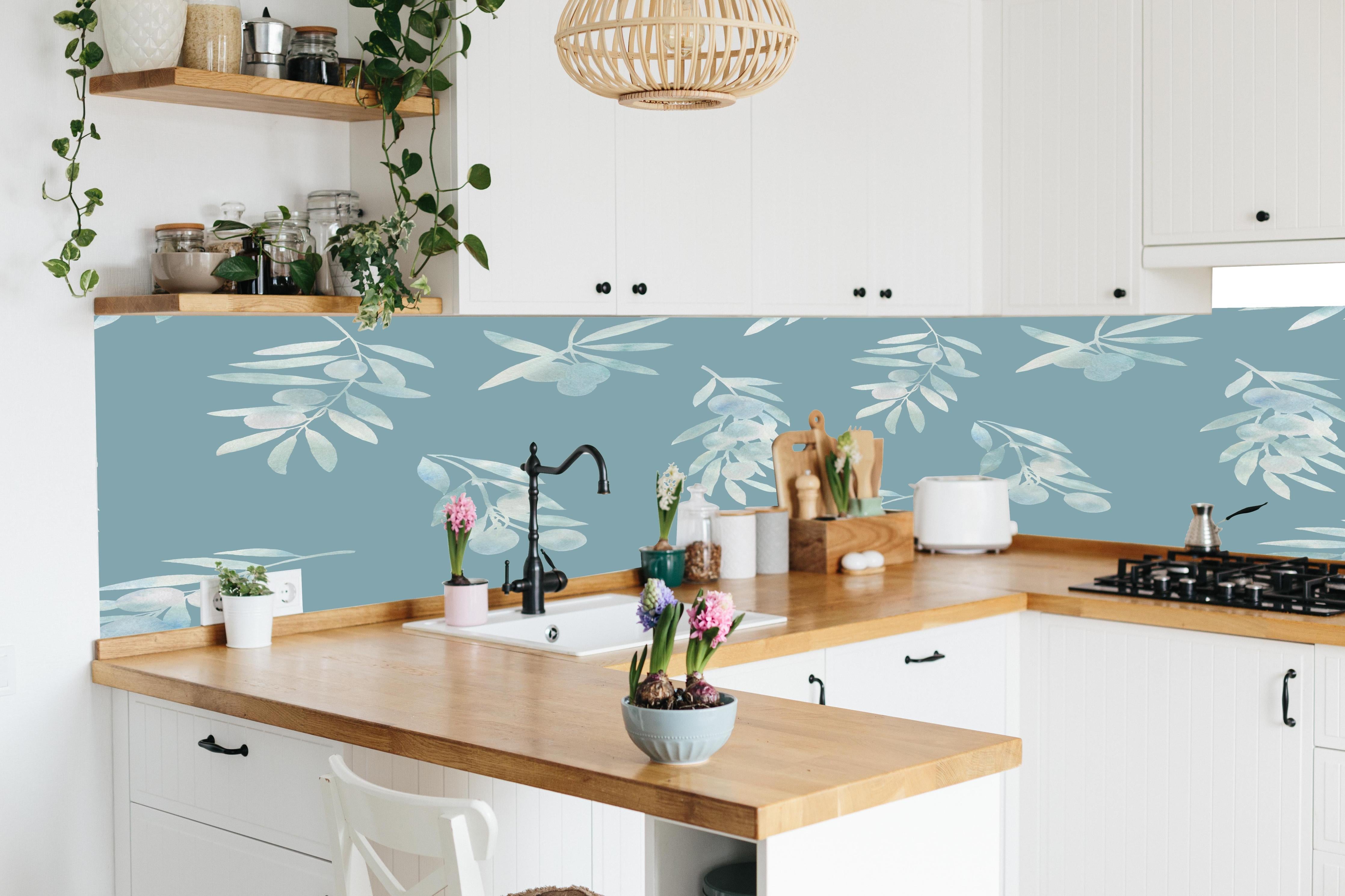 Küche - Türkis Olivenzweige Muster in lebendiger Küche mit bunten Blumen