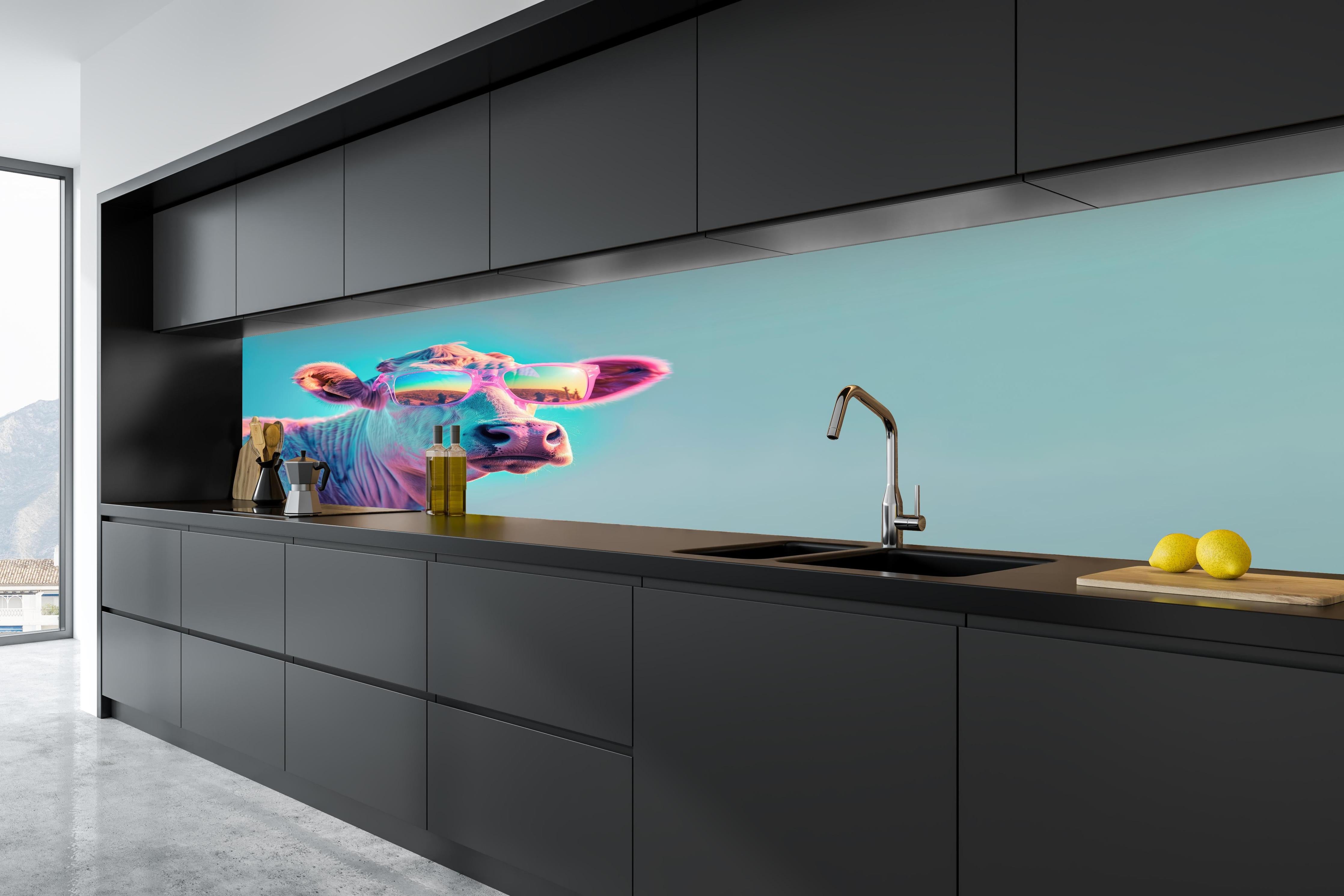 Küche - Türkis-Pastell-Kuh mit Sonnenbrille in tiefschwarzer matt-premium Einbauküche