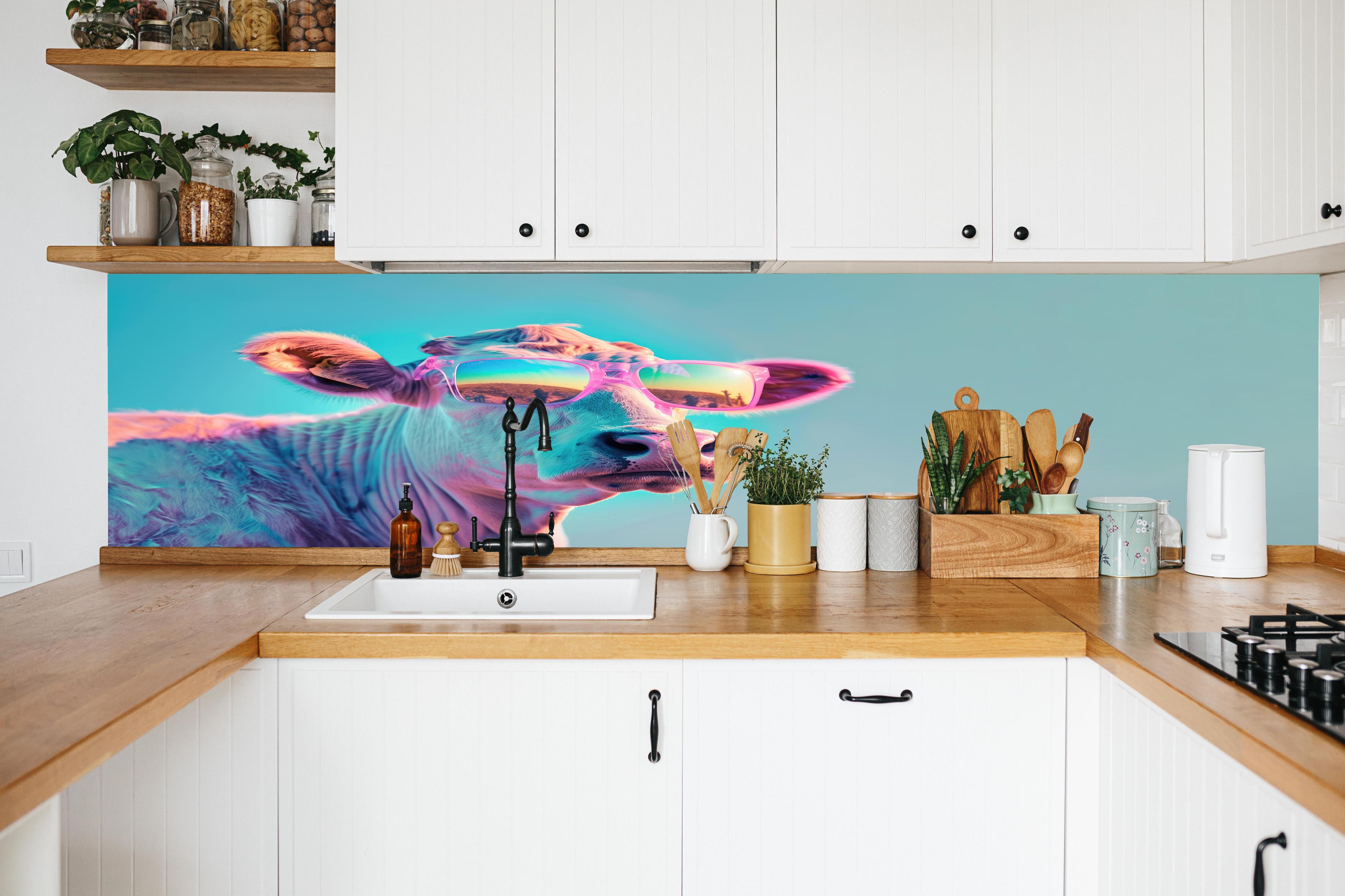 Küche - Türkis-Pastell-Kuh mit Sonnenbrille in weißer Küche hinter Gewürzen und Kochlöffeln aus Holz