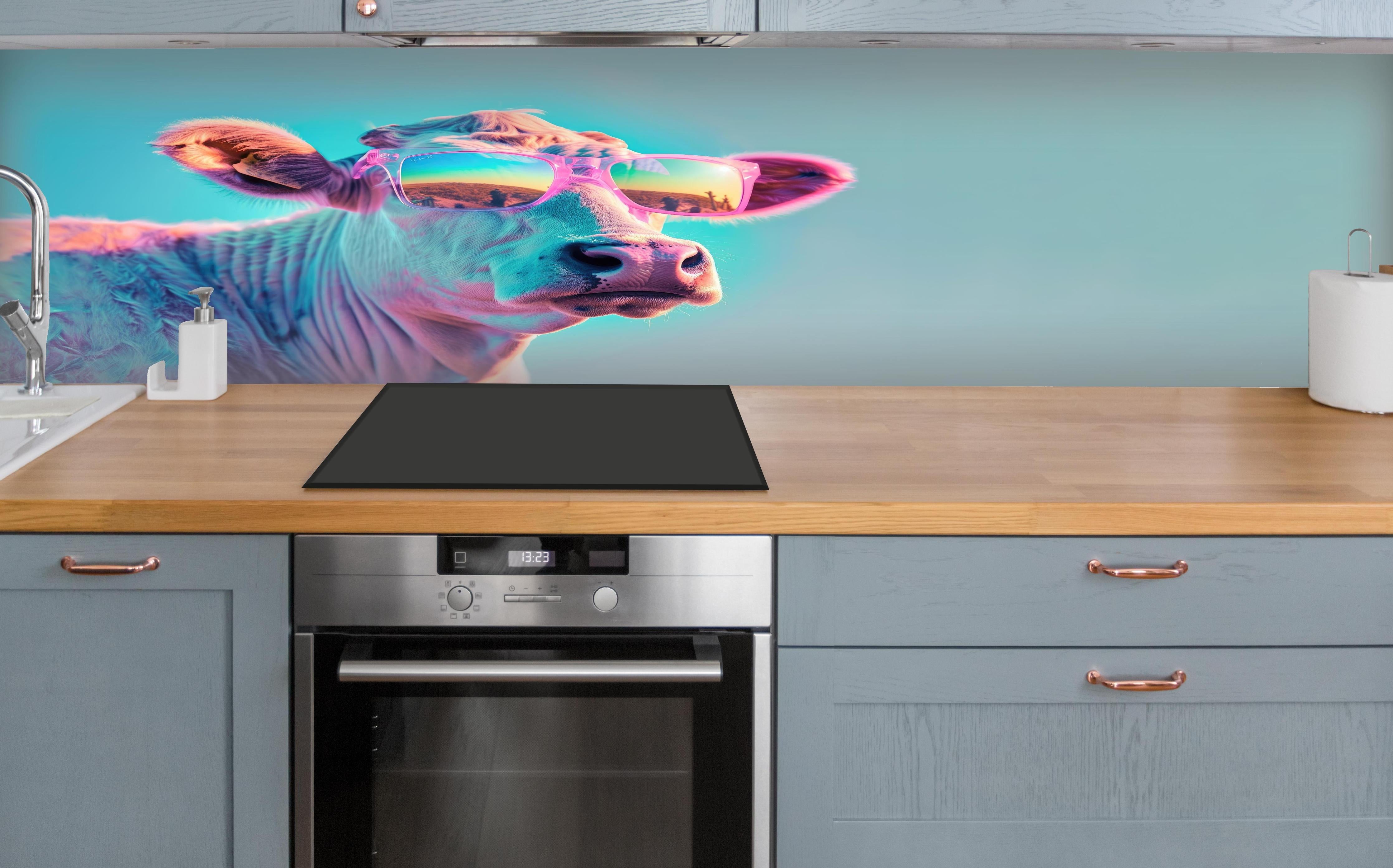 Küche - Türkis-Pastell-Kuh mit Sonnenbrille über polierter Holzarbeitsplatte mit Cerankochfeld
