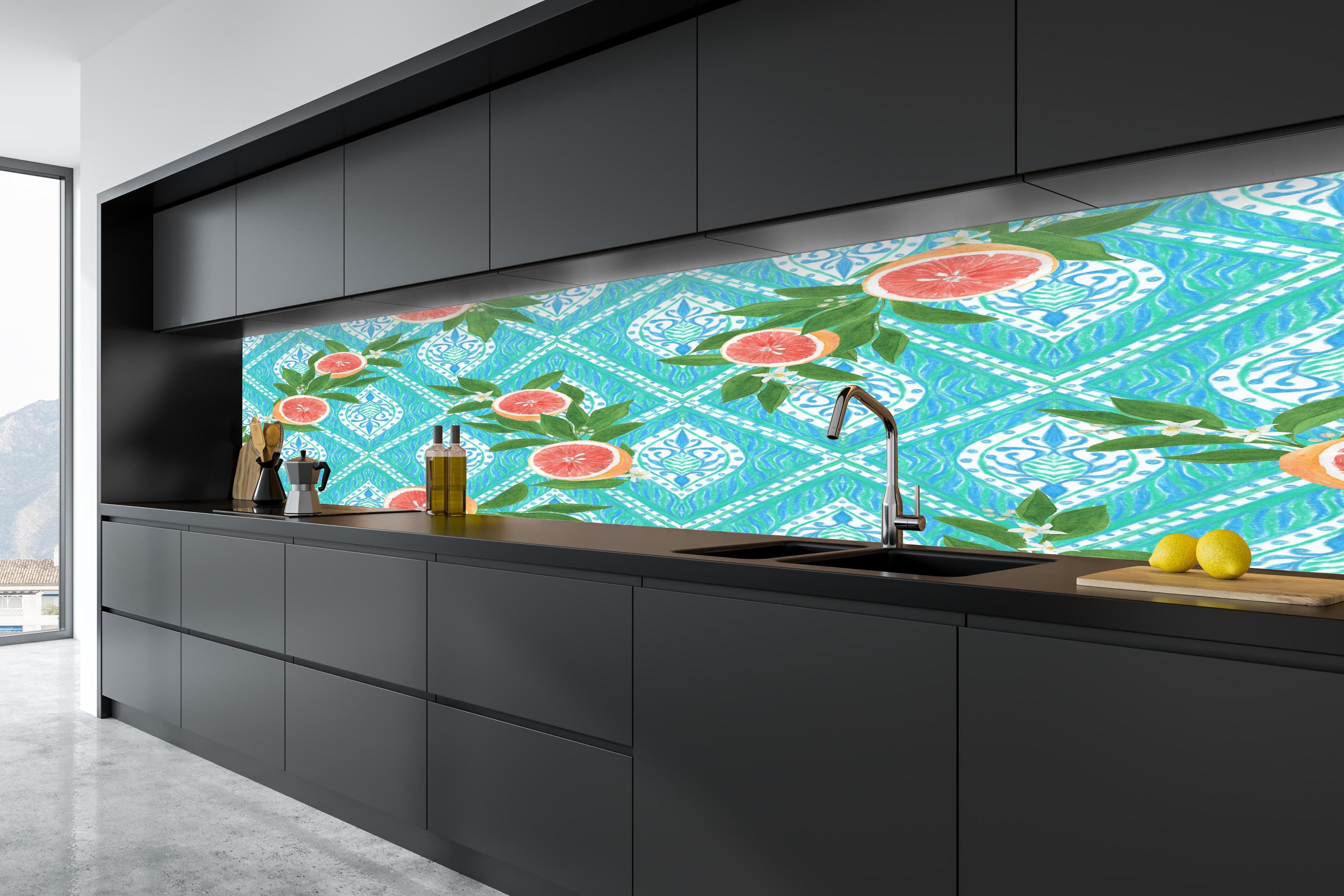Küche - Türkis Zitrus Grapefruit Muster in tiefschwarzer matt-premium Einbauküche