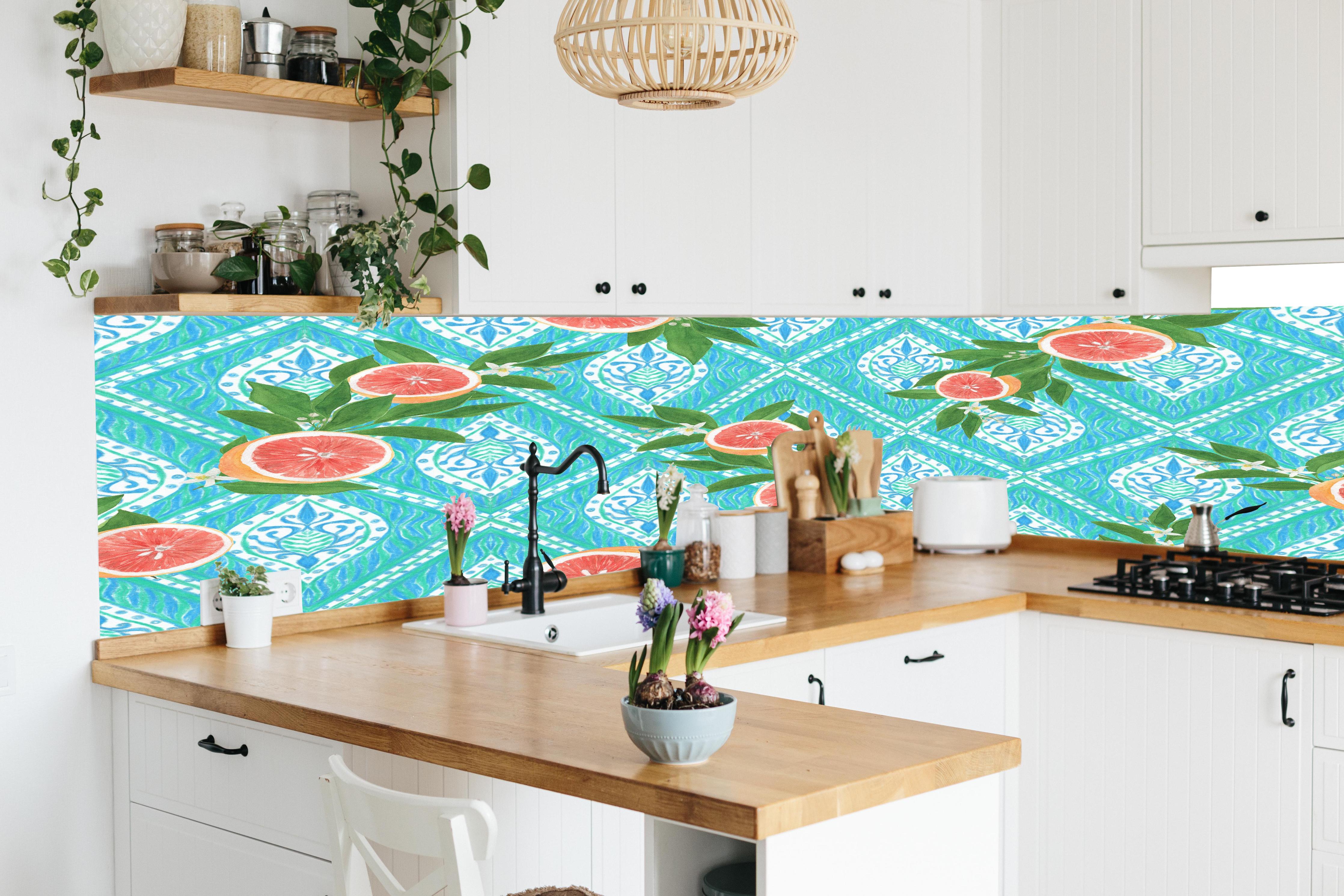 Küche - Türkis Zitrus Grapefruit Muster in lebendiger Küche mit bunten Blumen