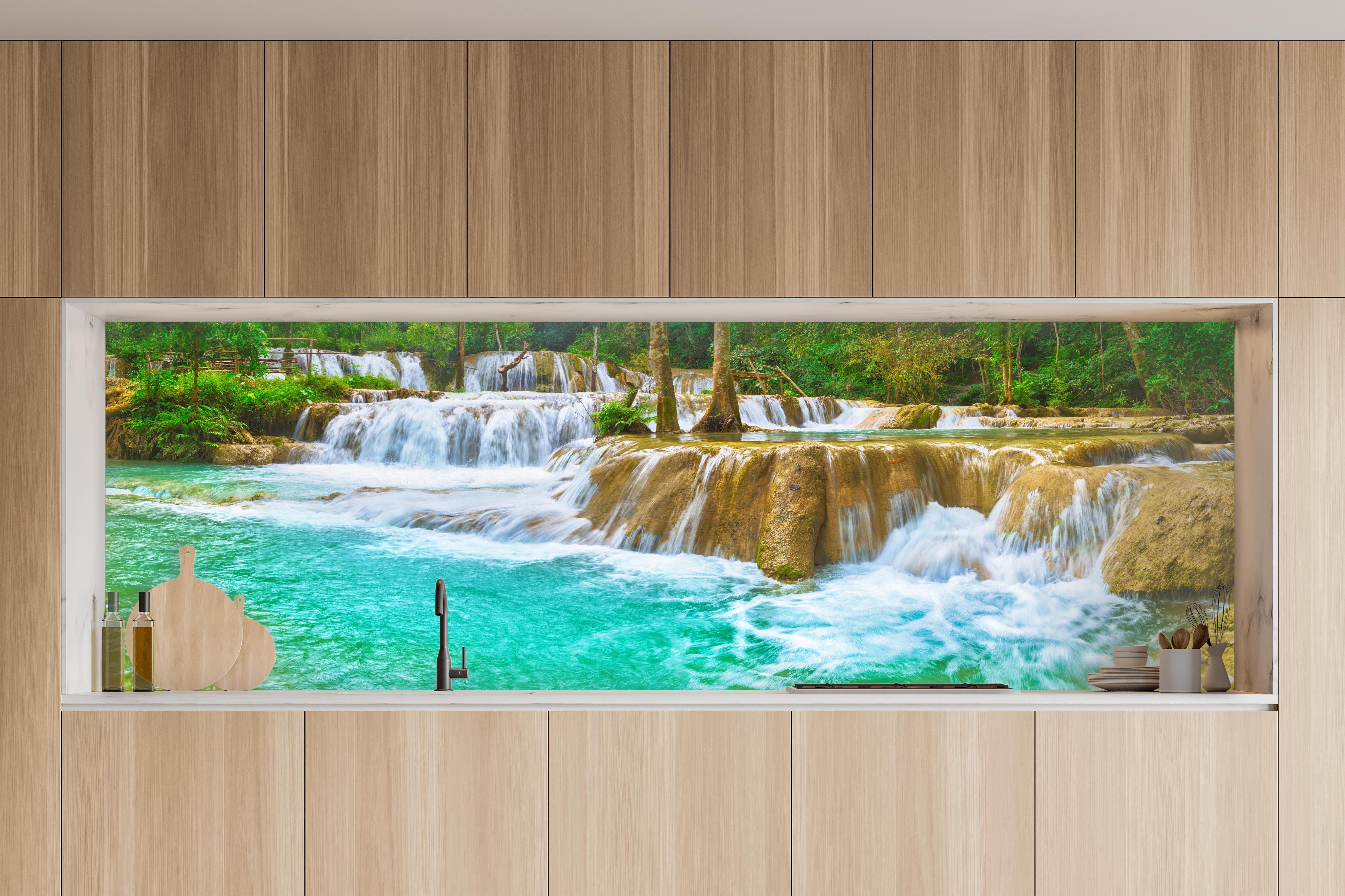 Küche - Türkisgrüner Stufen-Wasserfall in charakteristischer Vollholz-Küche mit modernem Gasherd