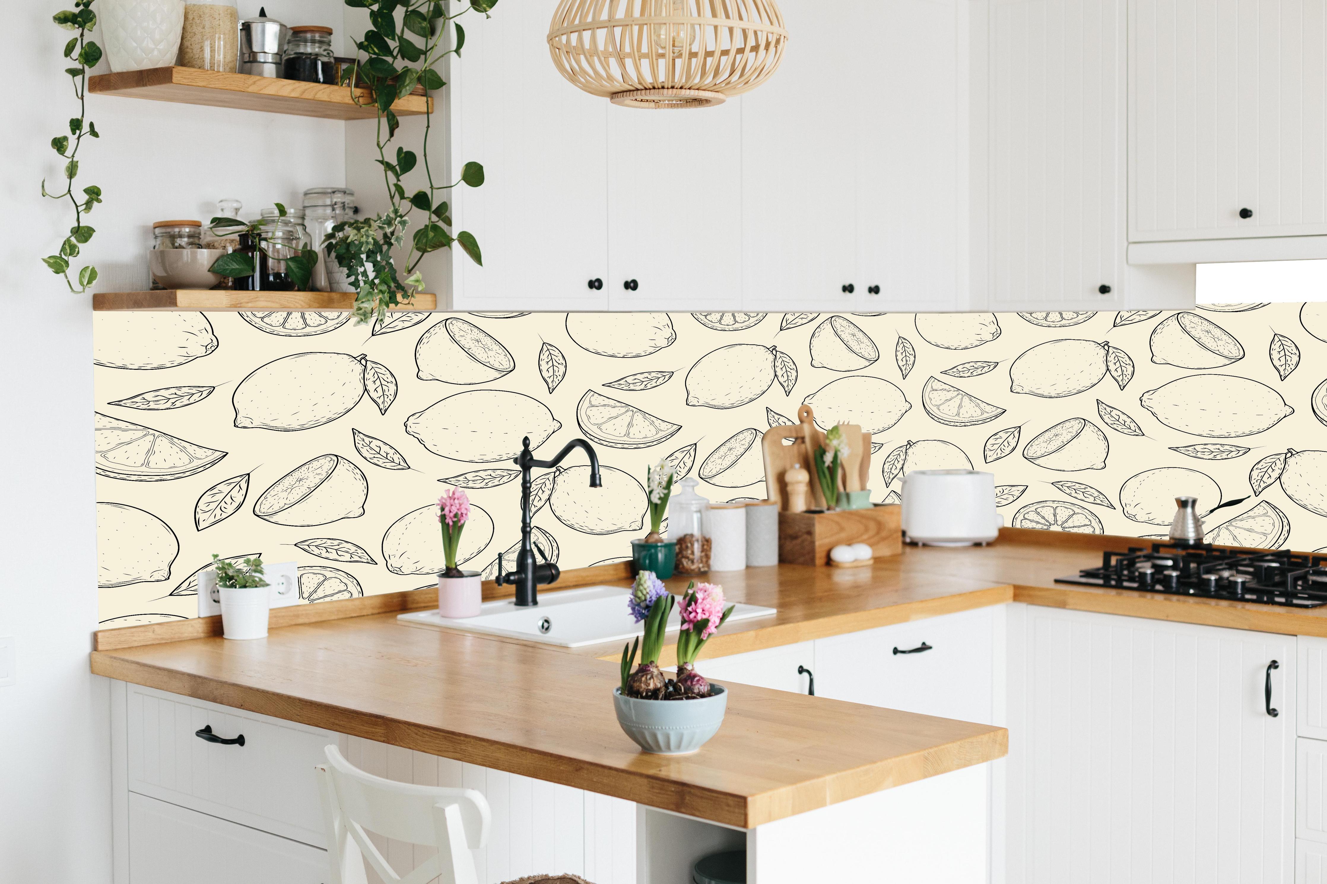 Küche - Urban Lemon Zitronen-Muster Beige in lebendiger Küche mit bunten Blumen