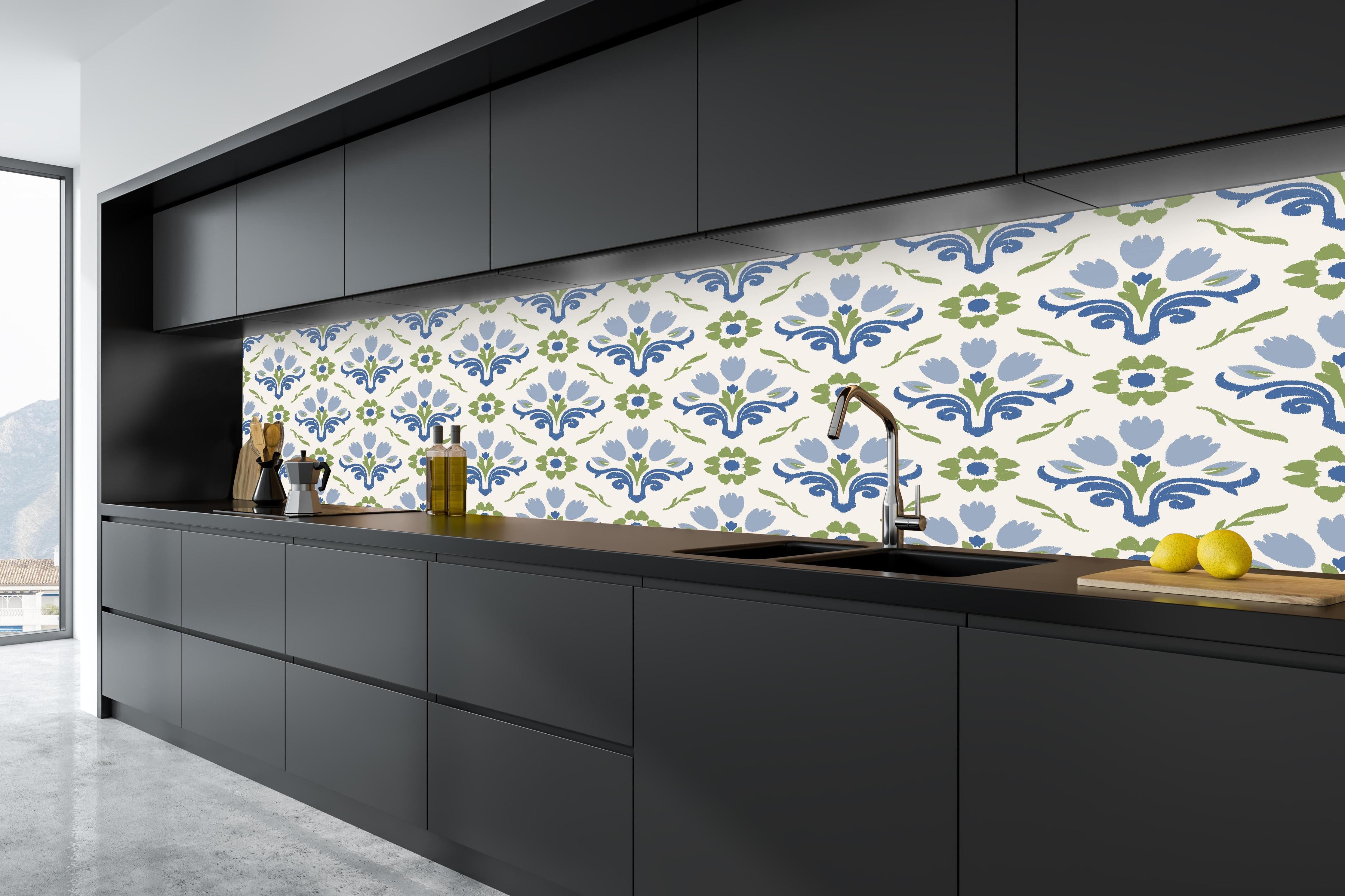 Küche - Vintage Bloom Blau-Grün Tapete in tiefschwarzer matt-premium Einbauküche