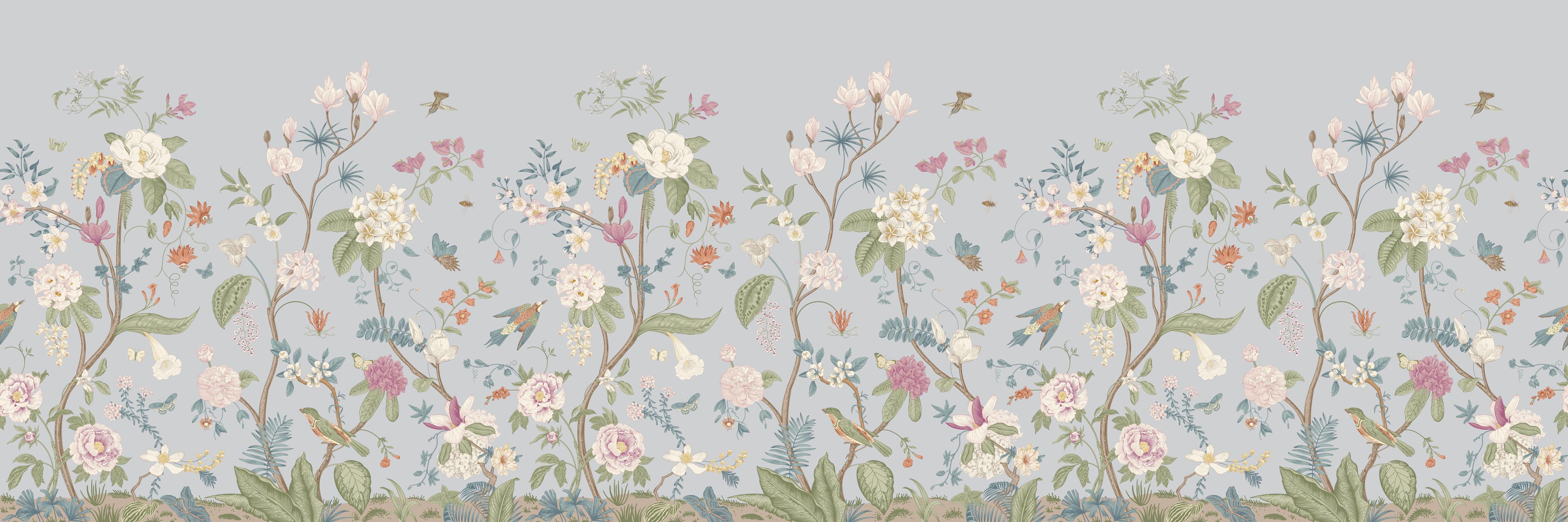 Küchenrückwand-Vintage Bloom Blumenbordüre Grau-Rosa