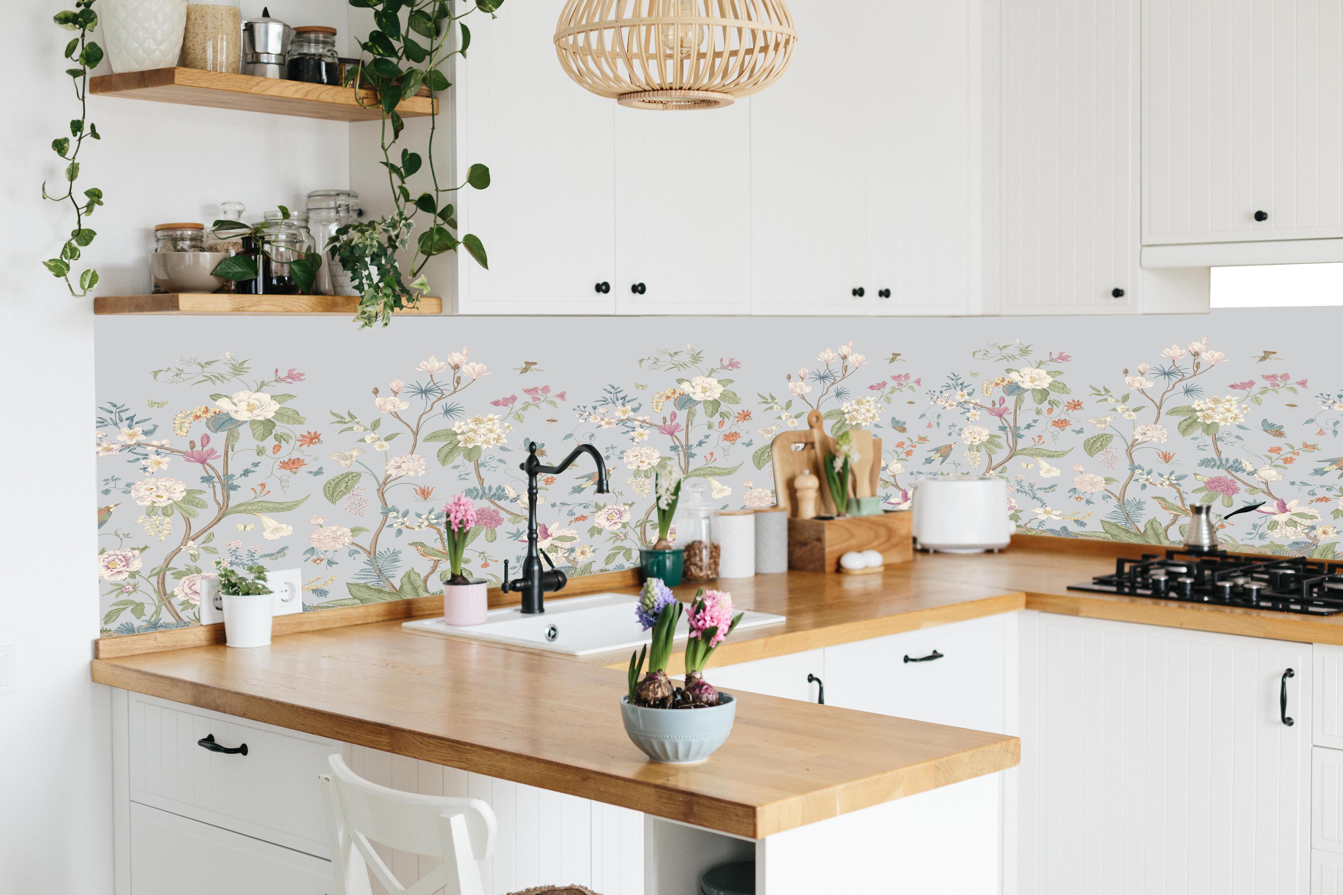 Küche - Vintage Bloom Blumenbordüre Grau-Rosa in lebendiger Küche mit bunten Blumen