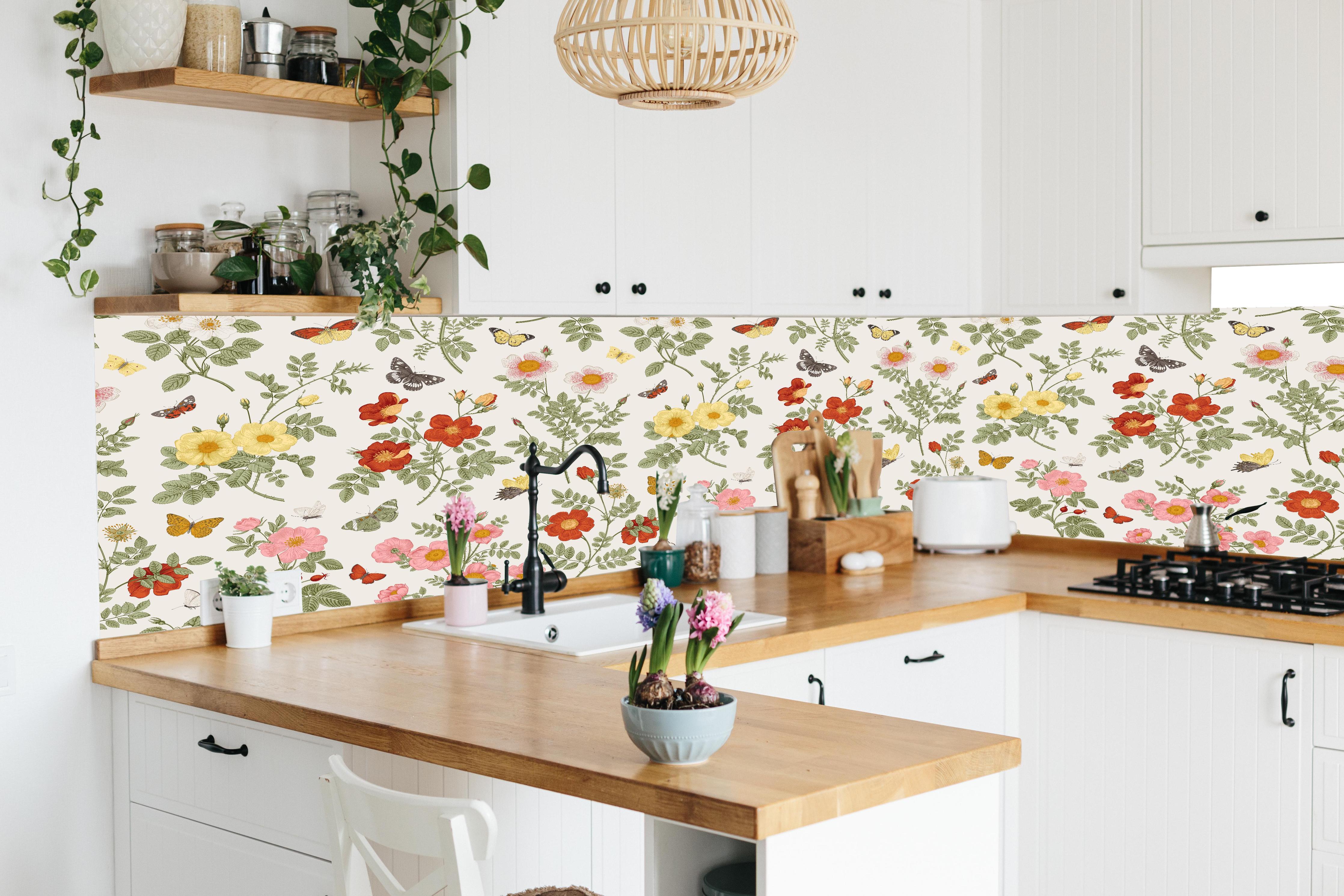 Küche - Vintage Bloom Blumenmuster Rosa-Beige in lebendiger Küche mit bunten Blumen