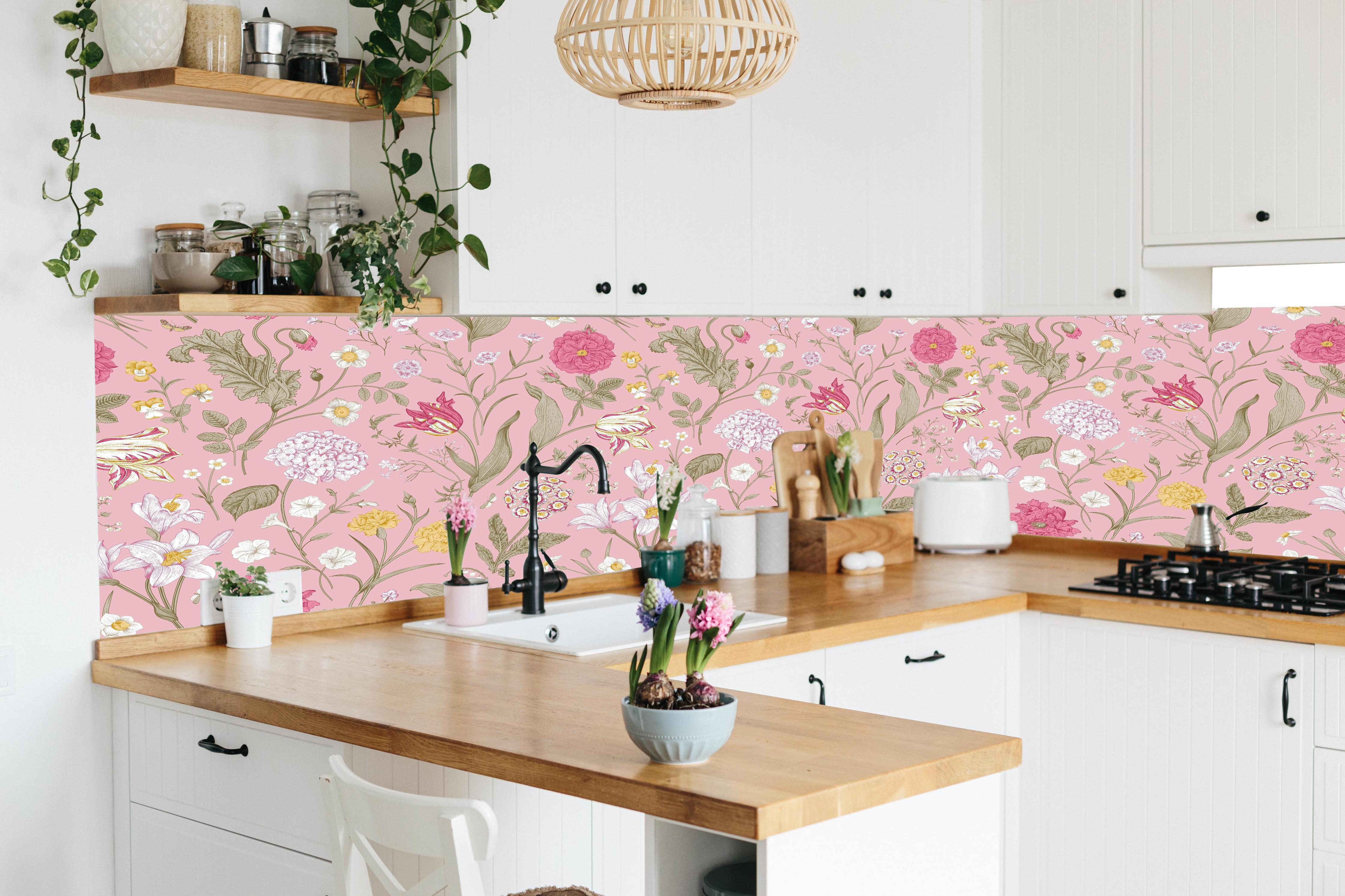Küche - Vintage Bloom Rosa Blumenmuster in lebendiger Küche mit bunten Blumen