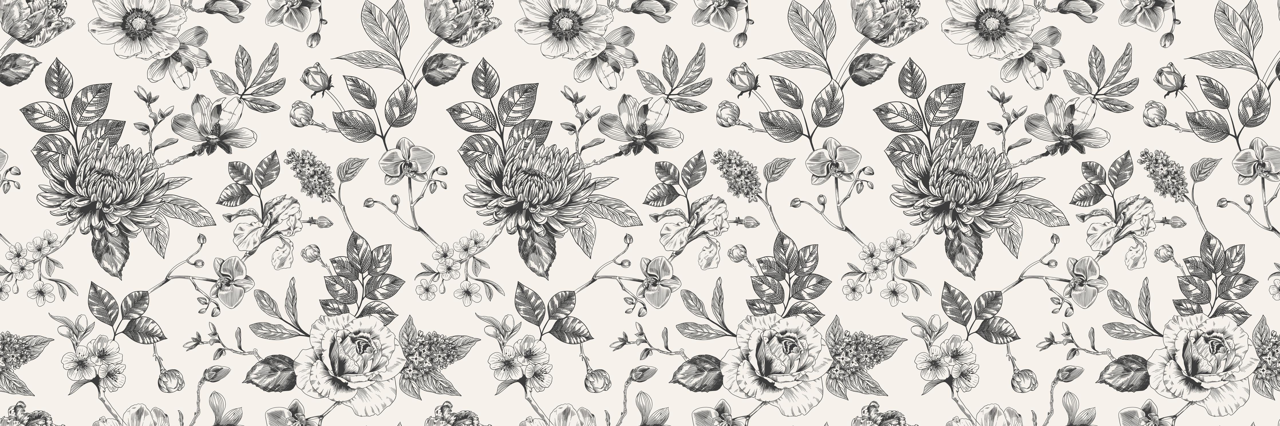 Küchenrückwand-Vintage-Blumen Schwarz-Weiß