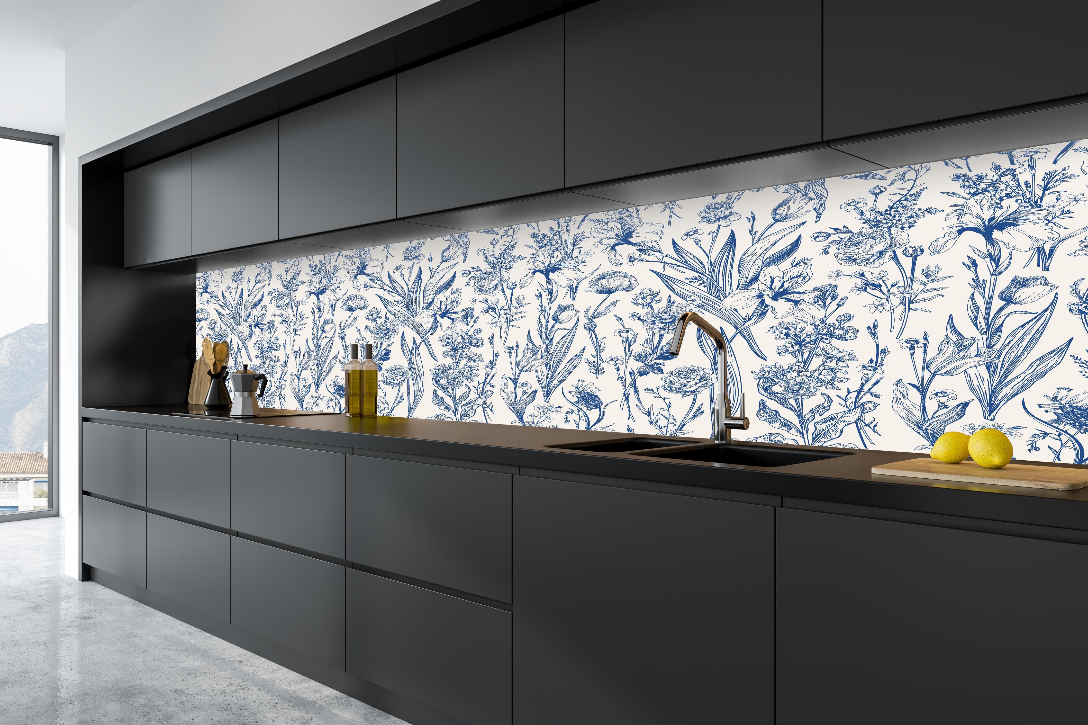 Küche - Vintage-Blumenmuster Azurblau in tiefschwarzer matt-premium Einbauküche