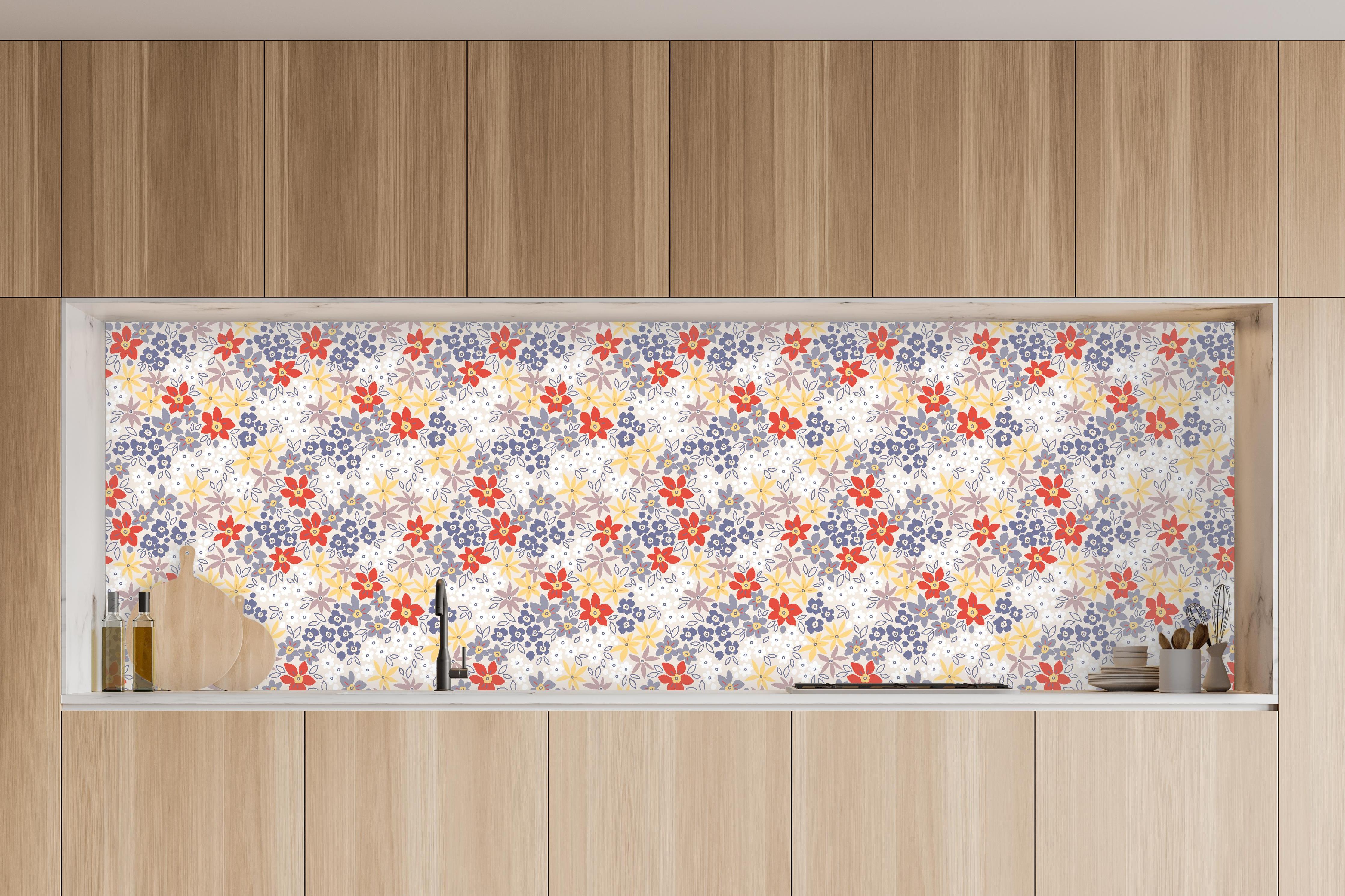 Küche - Vintage Ditsy Blumenmuster Beige in charakteristischer Vollholz-Küche mit modernem Gasherd