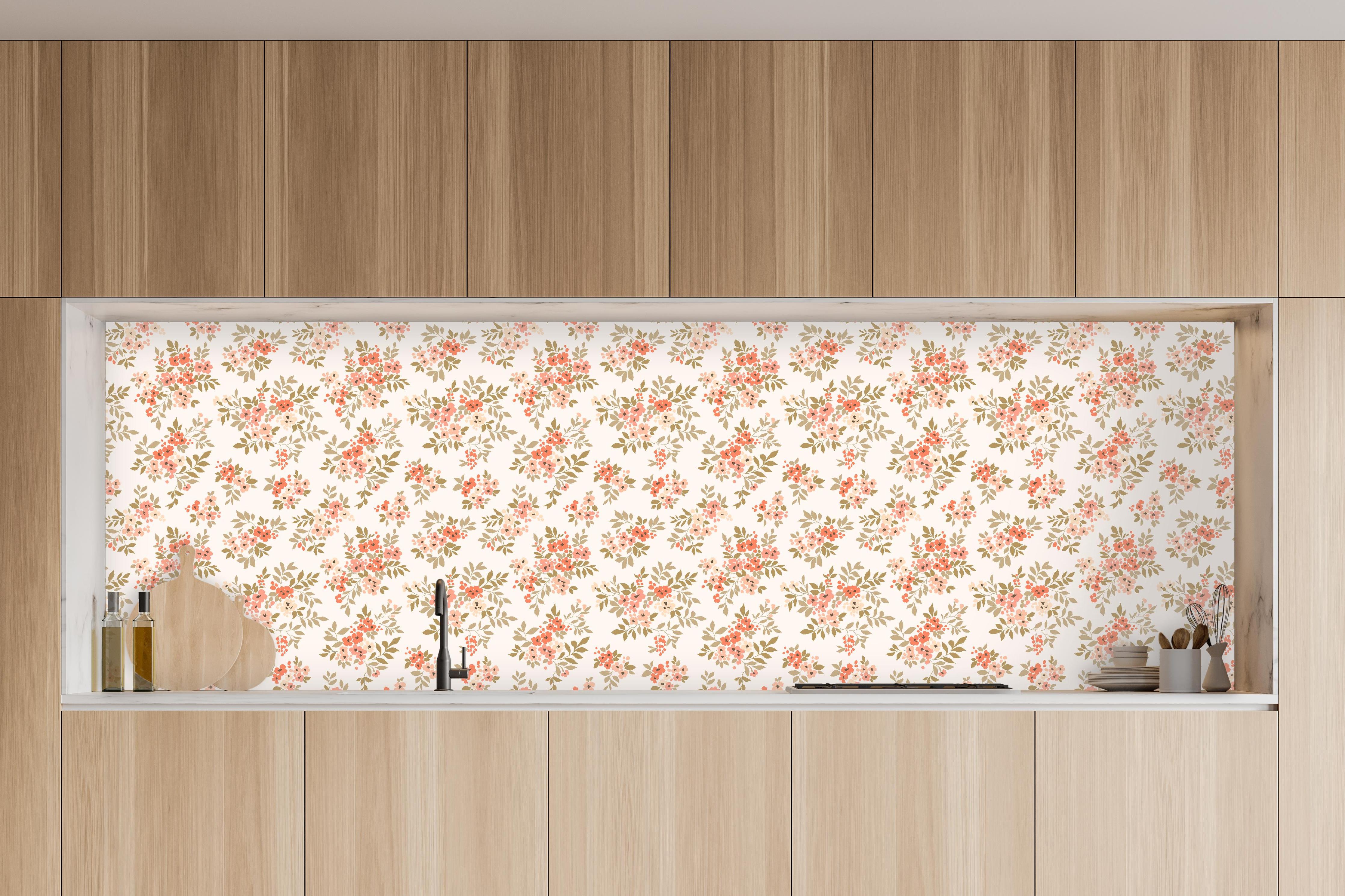 Küche - Vintage Ditsy Blumenmuster Rosa Beige in charakteristischer Vollholz-Küche mit modernem Gasherd