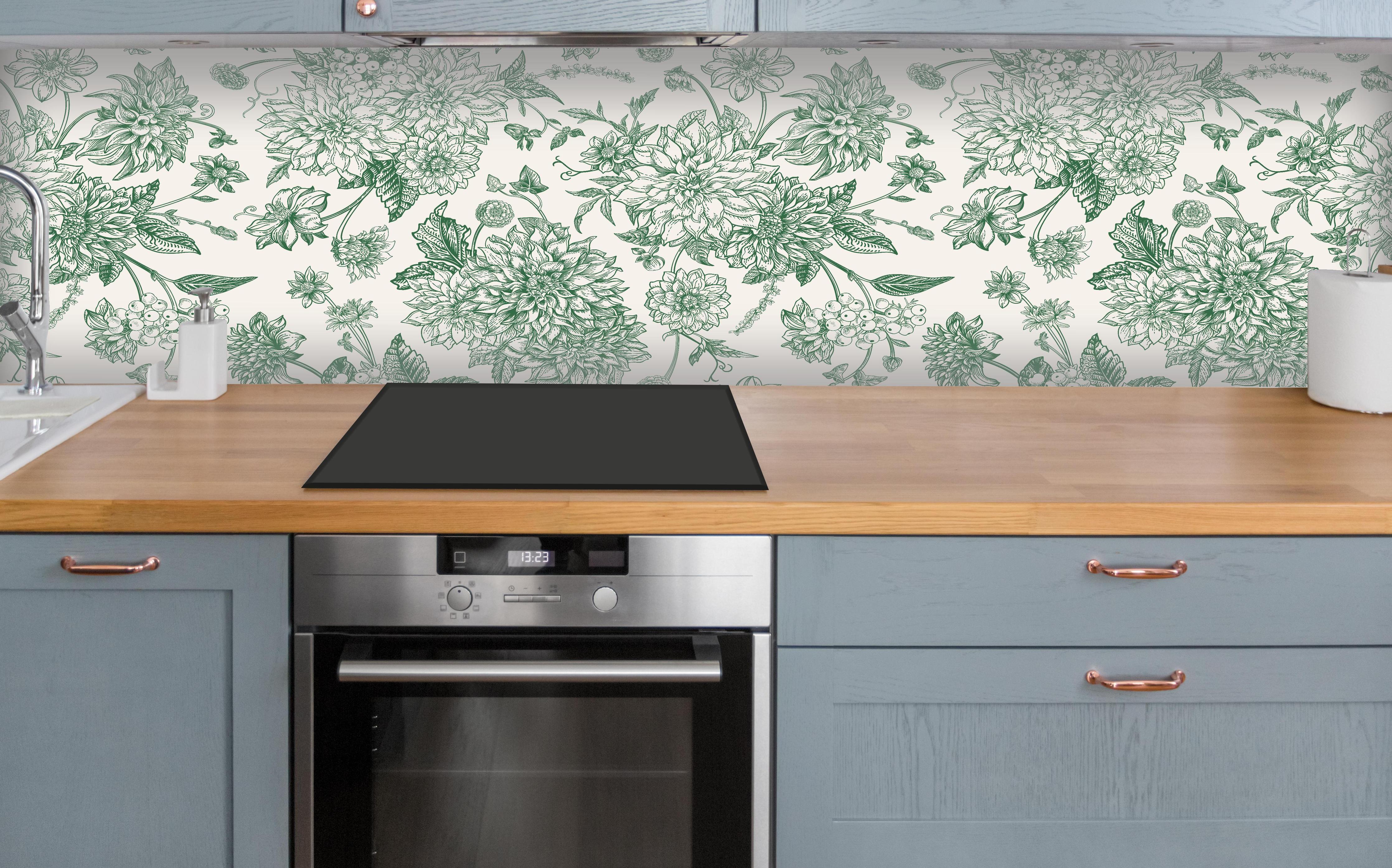 Küche - Vintage Grün Blumen Lineart über polierter Holzarbeitsplatte mit Cerankochfeld