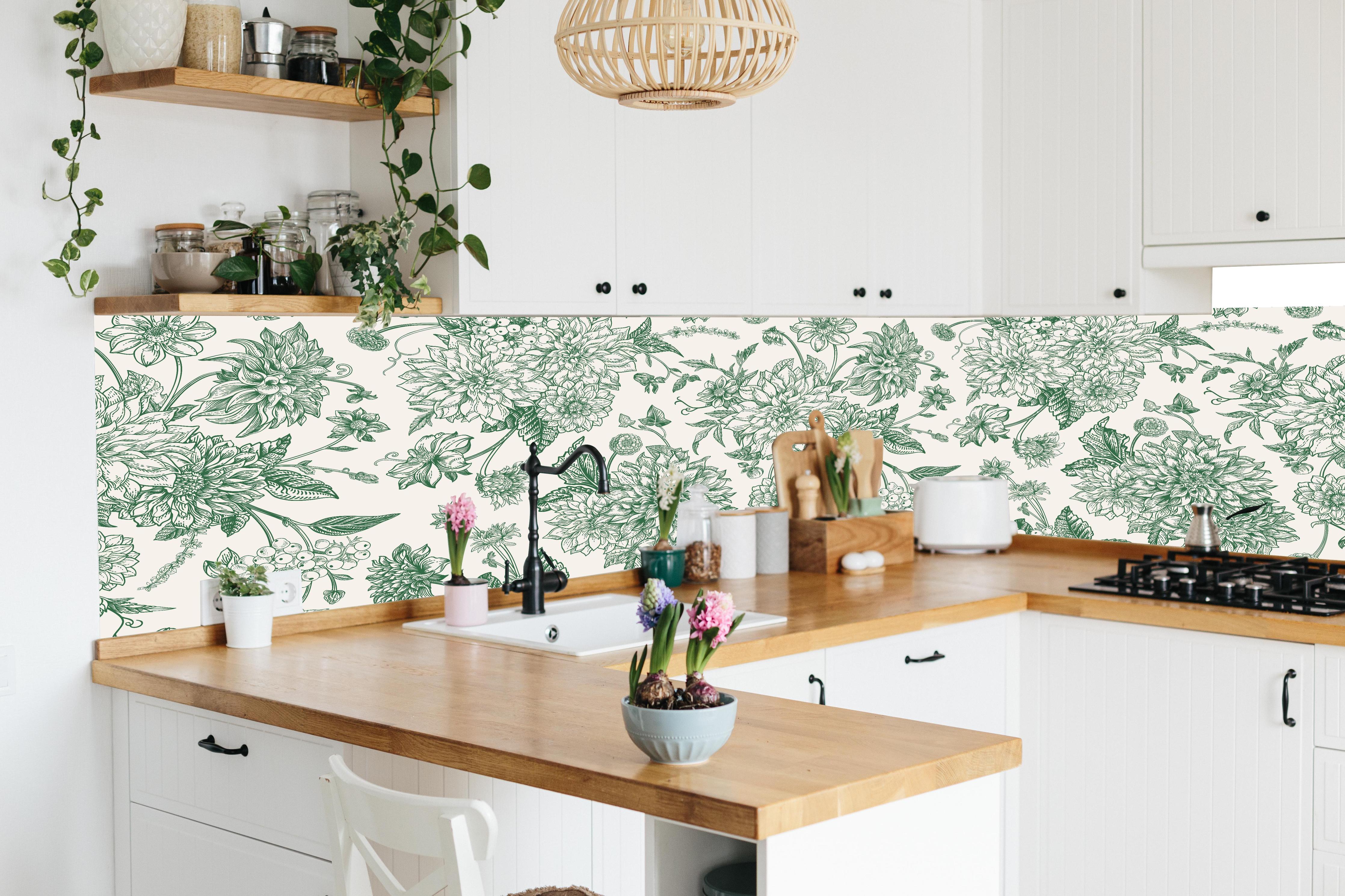 Küche - Vintage Grün Blumen Lineart in lebendiger Küche mit bunten Blumen