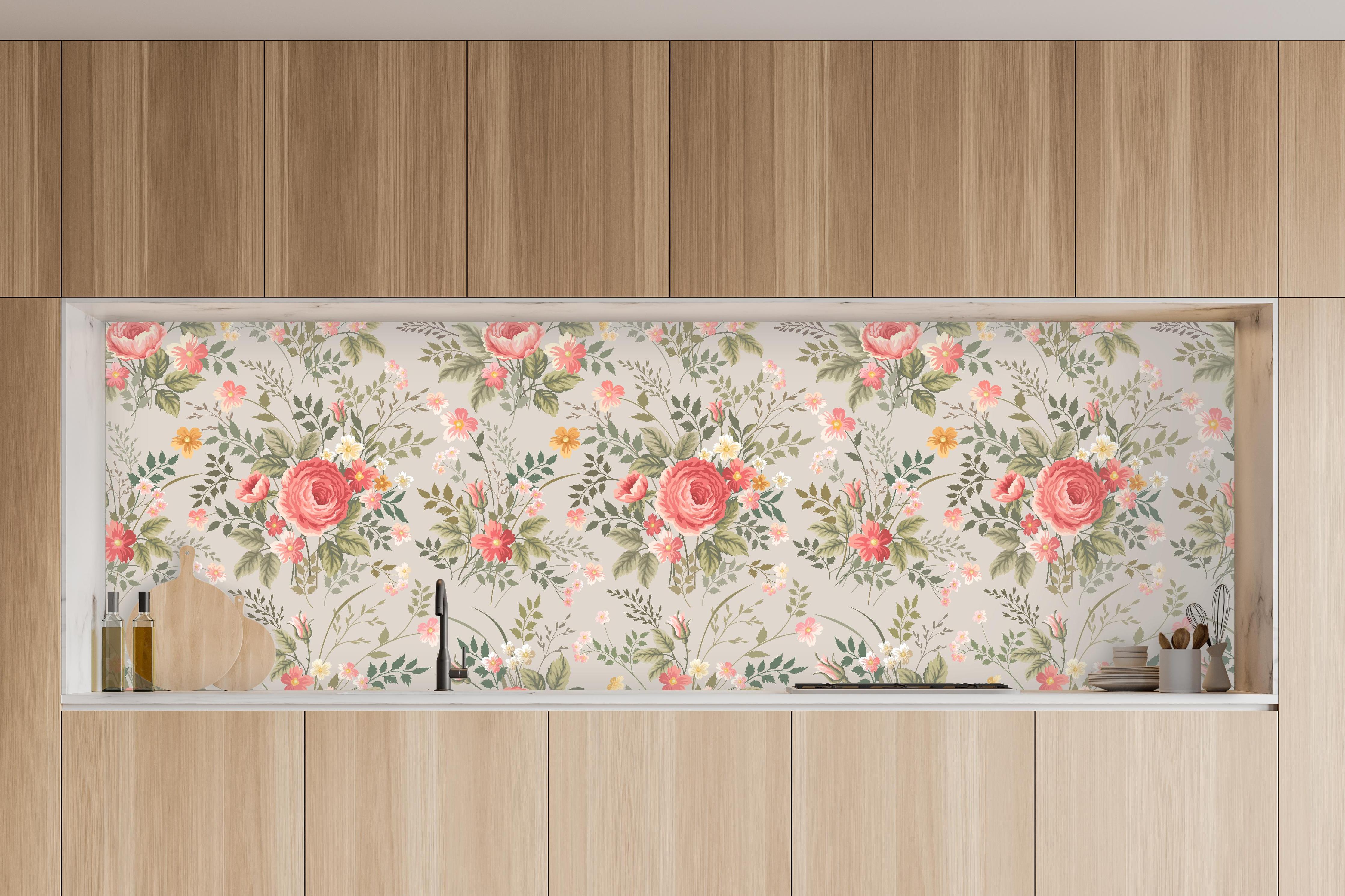 Küche - Vintage Pfirsich-Blumenmuster in charakteristischer Vollholz-Küche mit modernem Gasherd