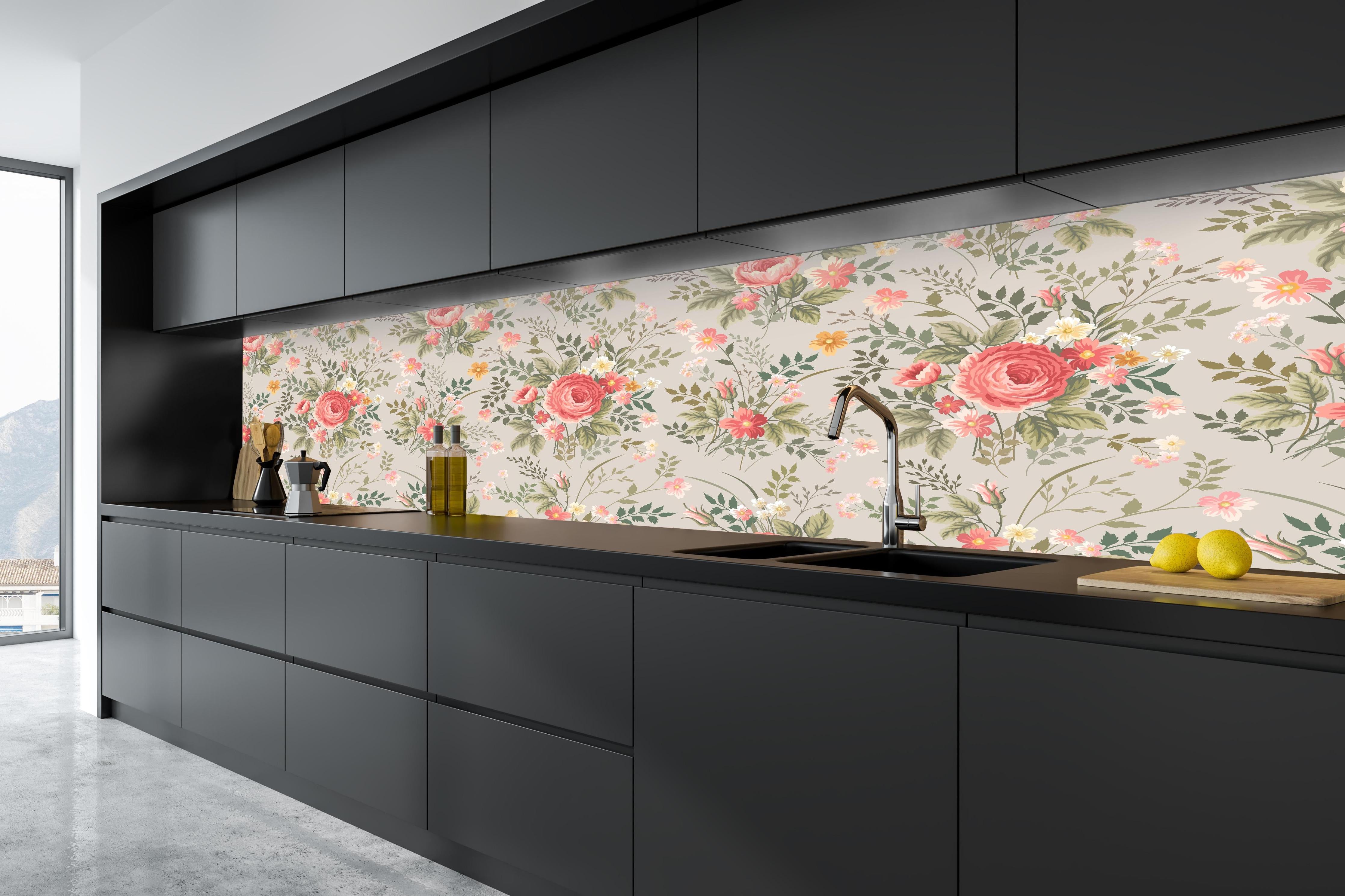 Küche - Vintage Pfirsich-Blumenmuster in tiefschwarzer matt-premium Einbauküche