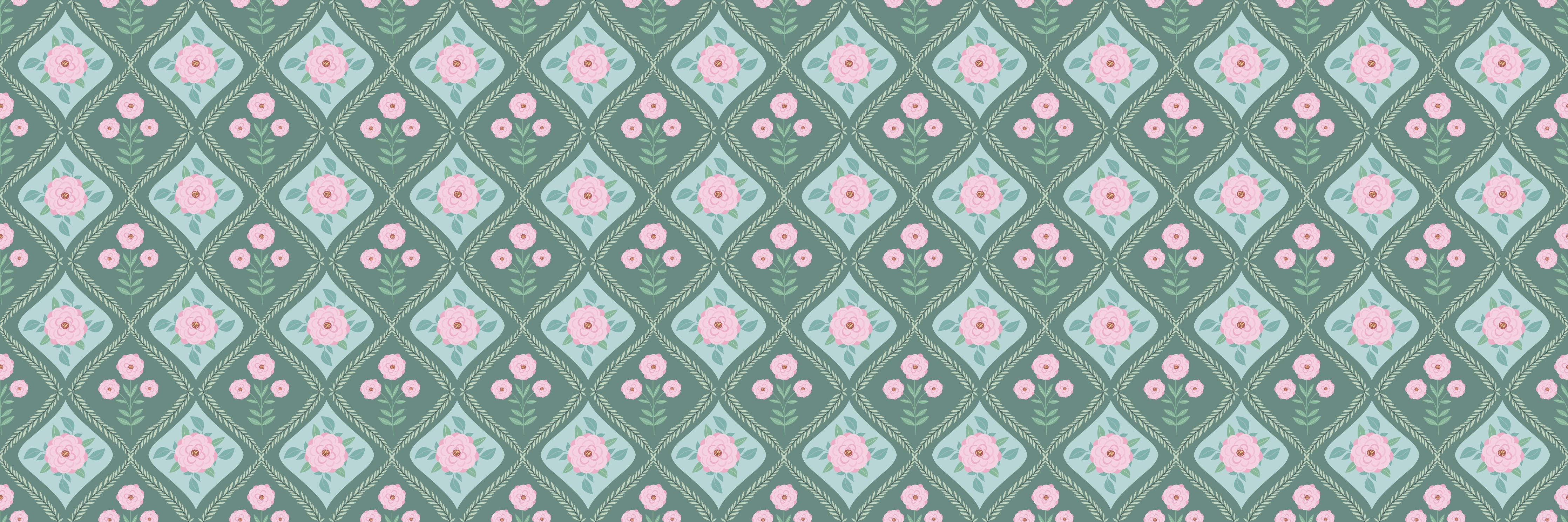 Küchenrückwand-Vintage Rosen Tapete Grün-Rosa