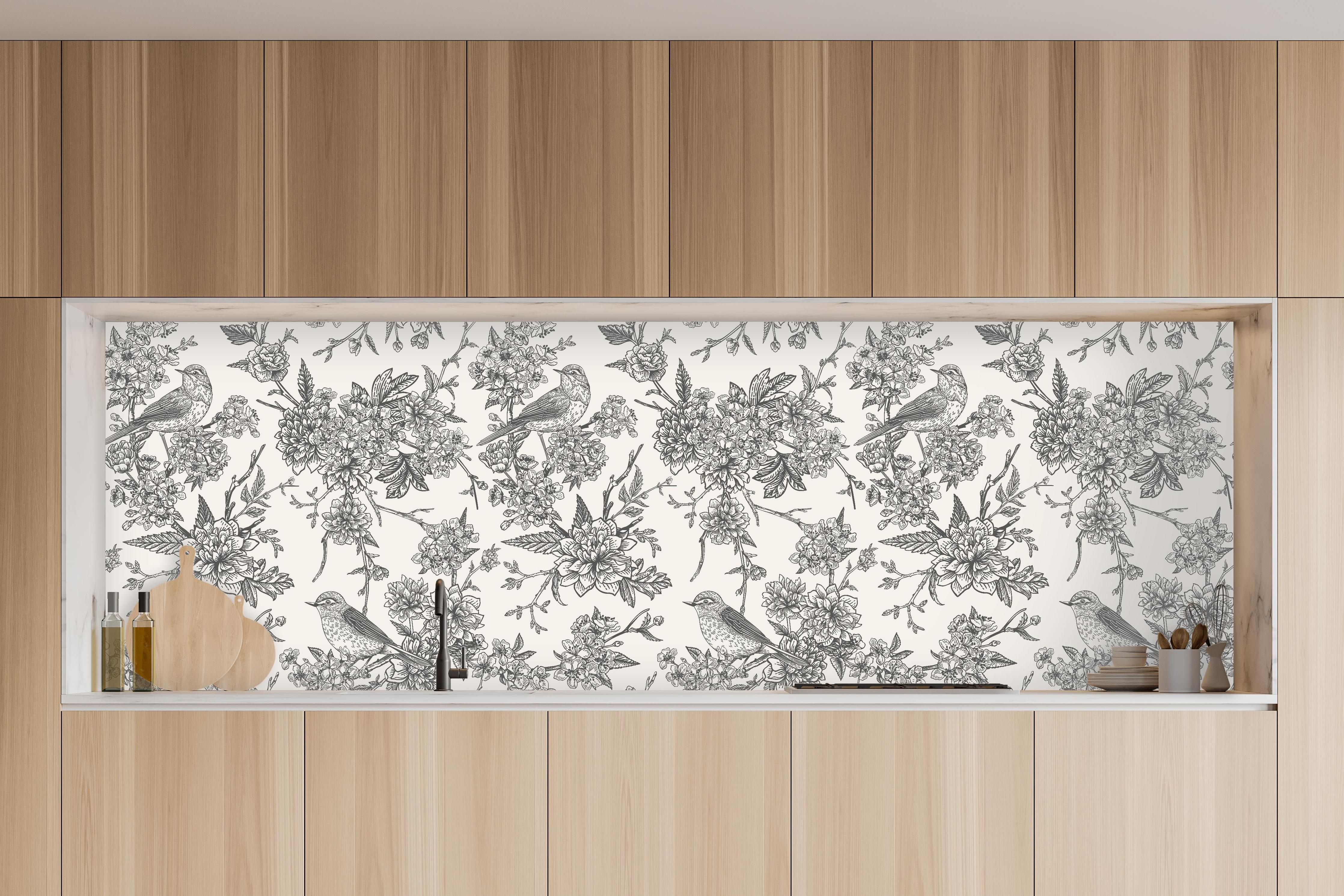 Küche - Vintage Schwarzweiß Blumenmuster in charakteristischer Vollholz-Küche mit modernem Gasherd