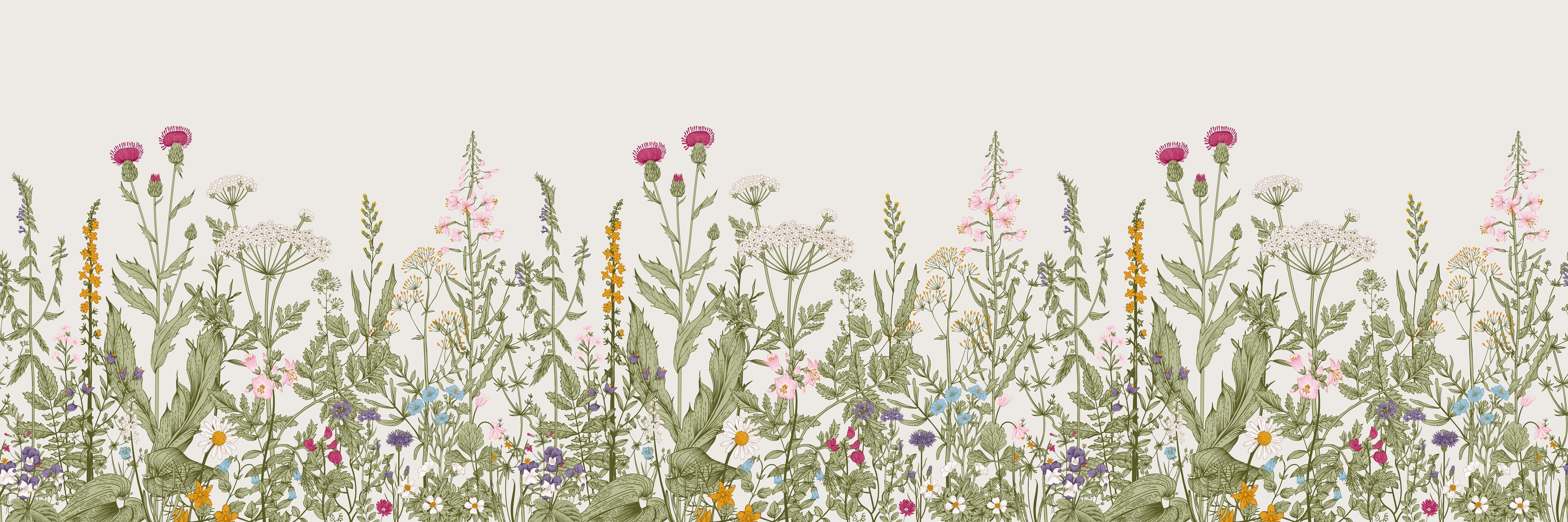 Küchenrückwand-Vintage Wiesenblumen Bordüre Beige-Grün