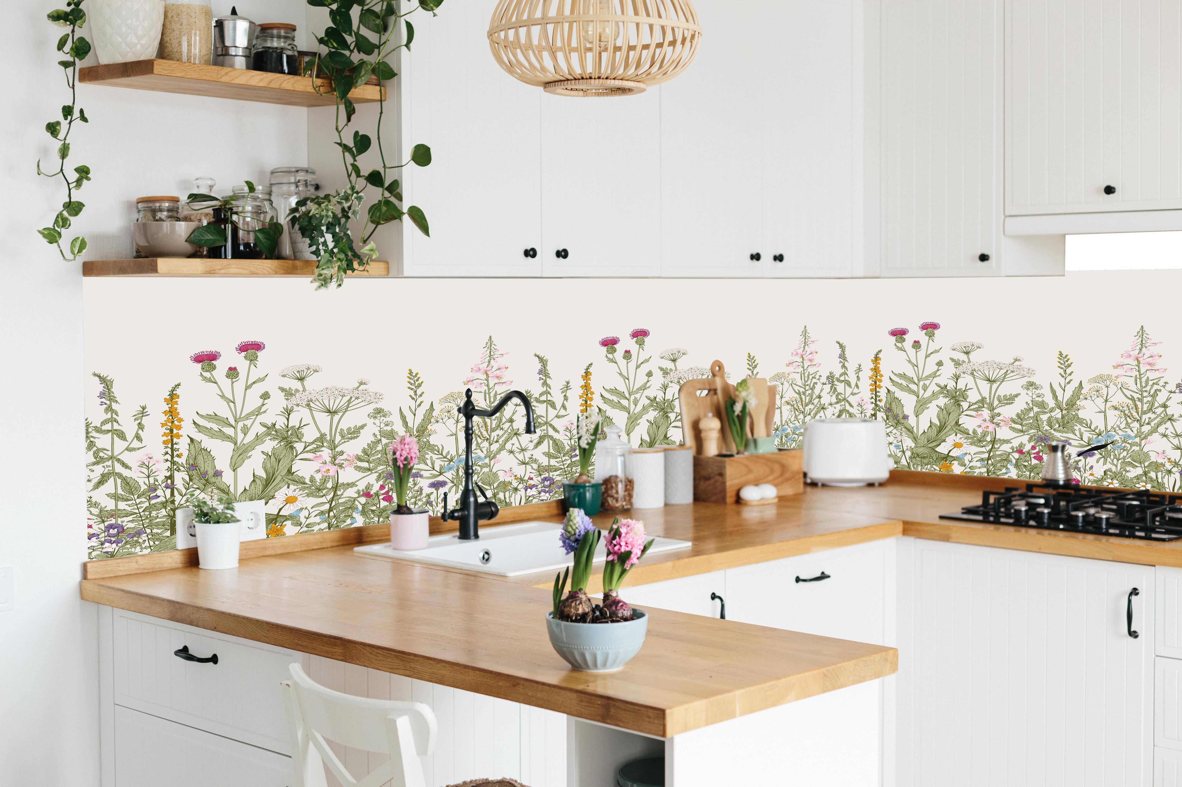 Küche - Vintage Wiesenblumen Bordüre Beige-Grün in lebendiger Küche mit bunten Blumen