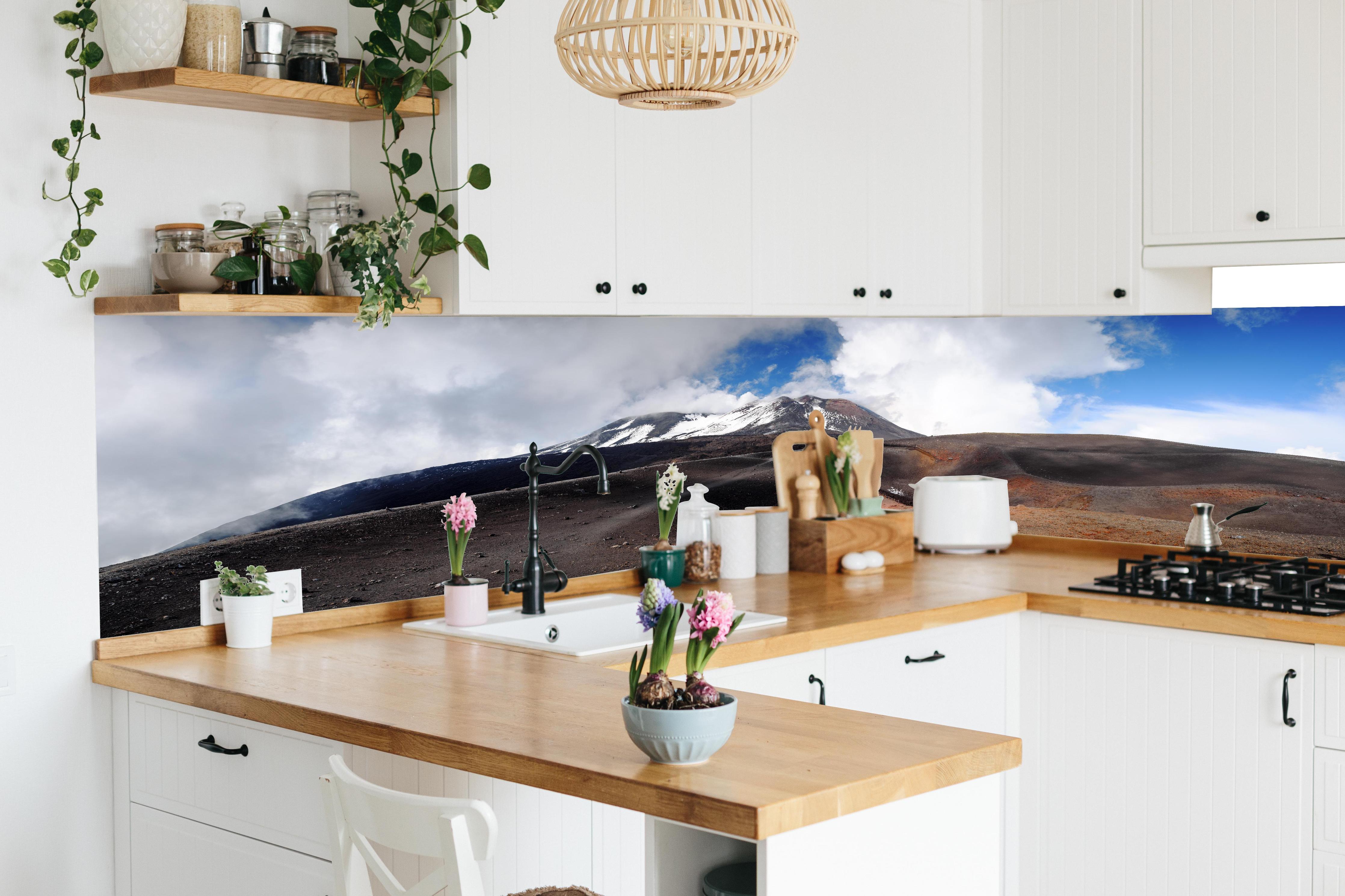 Küche - Vulkan-Panorama Braun-Grau-Blau in lebendiger Küche mit bunten Blumen