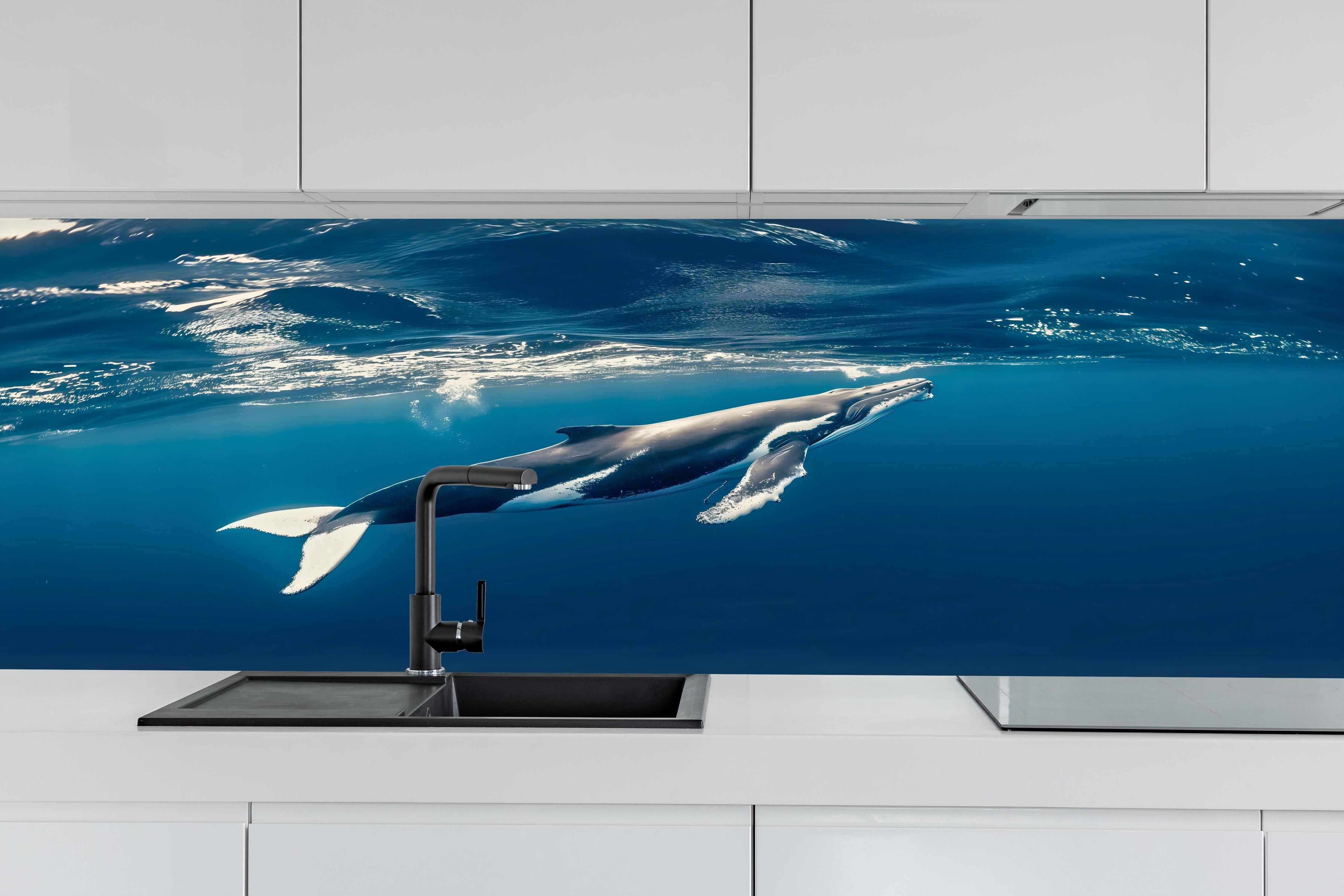 Küche - Wal im blauen Ozean hinter weißen Hochglanz-Küchenregalen und schwarzem Wasserhahn