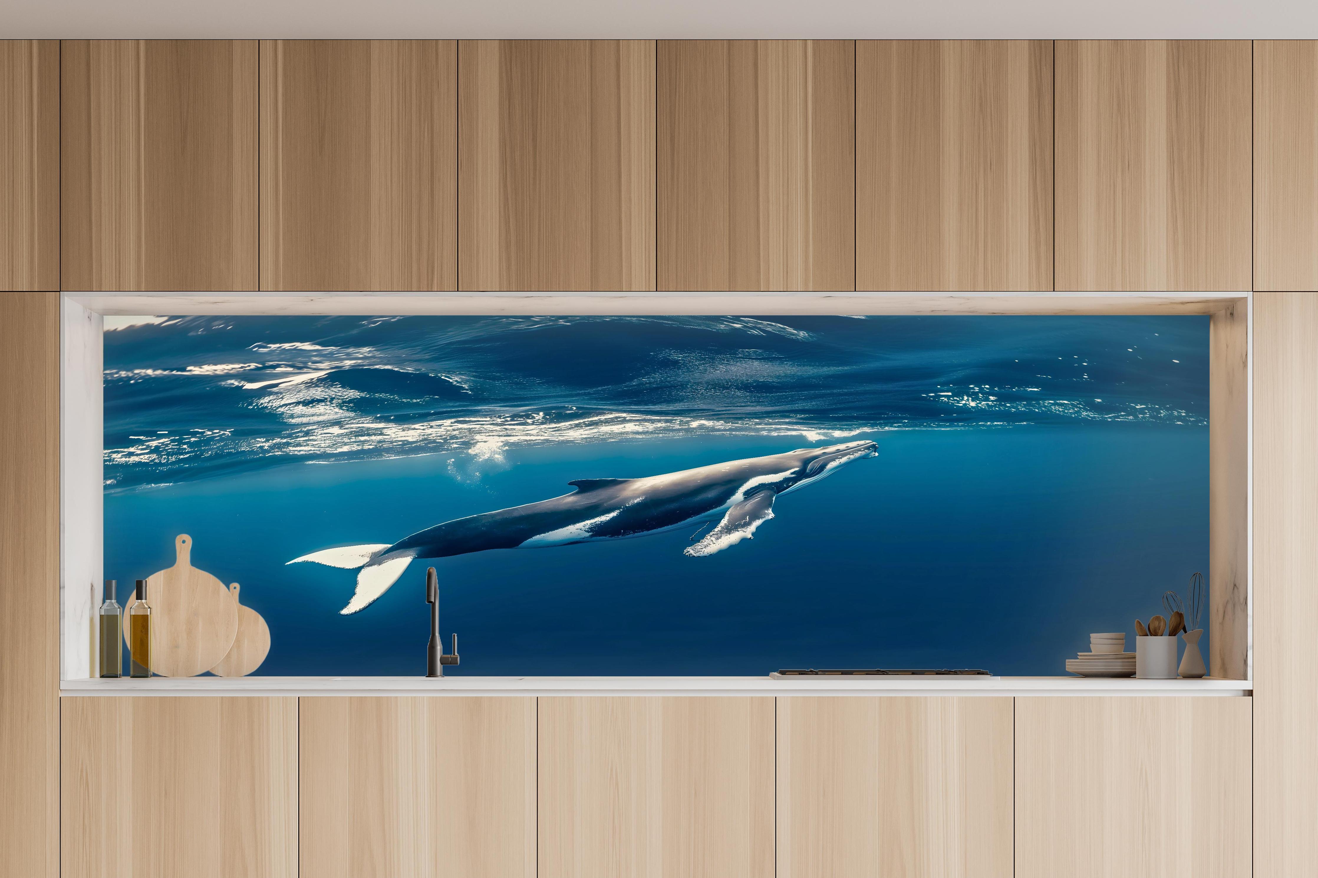 Küche - Wal im blauen Ozean in charakteristischer Vollholz-Küche mit modernem Gasherd