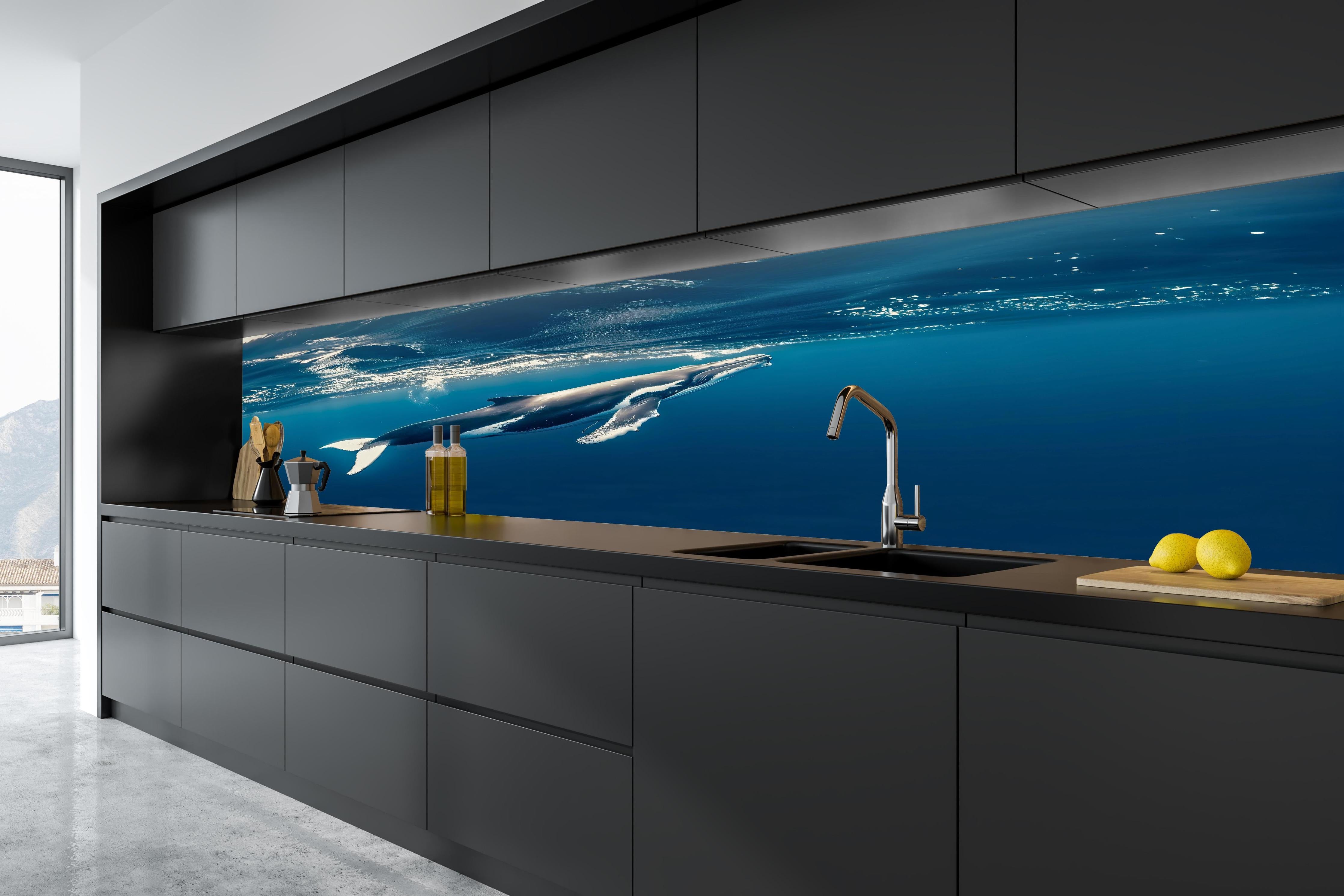 Küche - Wal im blauen Ozean in tiefschwarzer matt-premium Einbauküche
