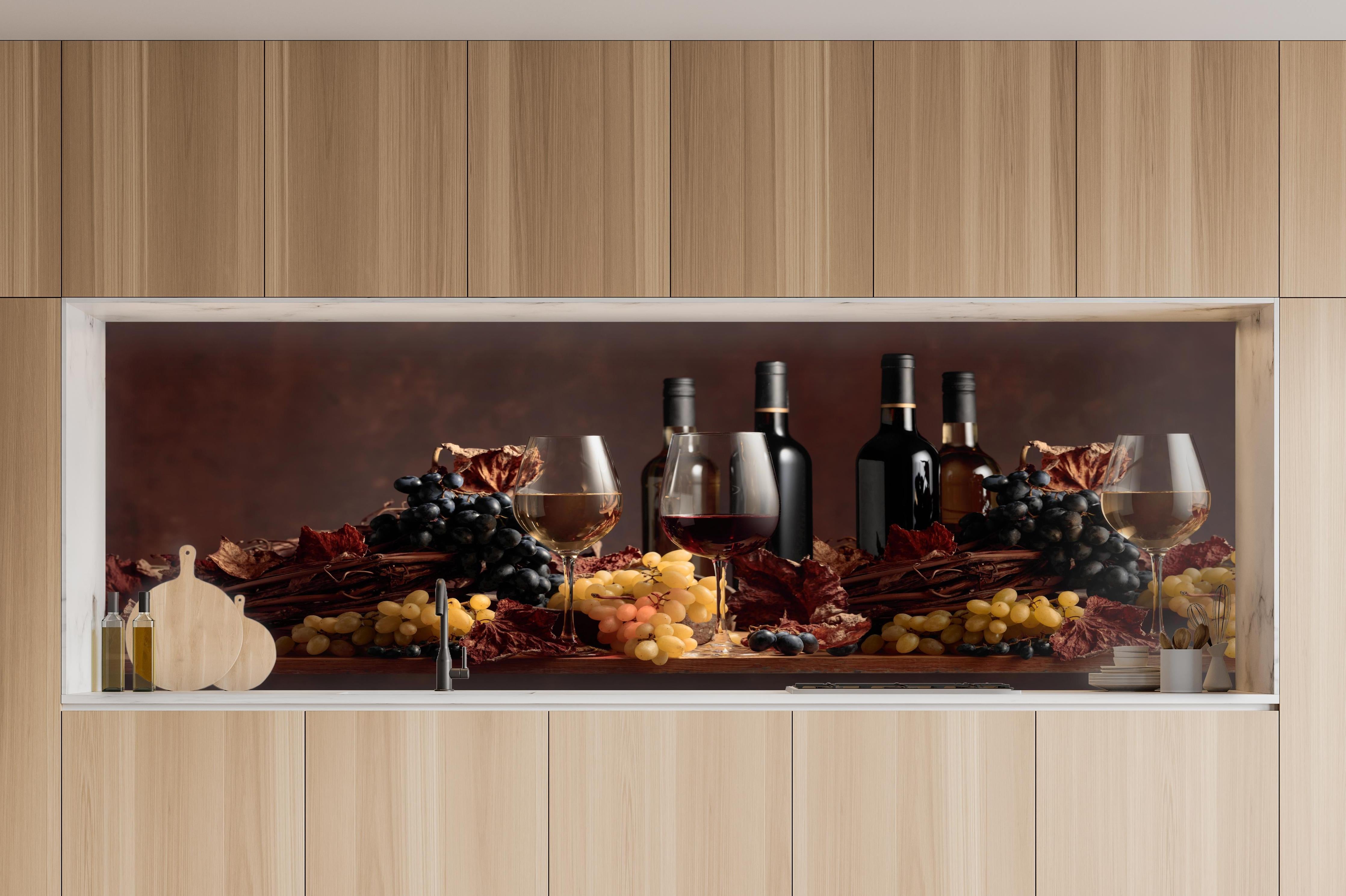 Küche - Weintrauben & Flaschen Rot-Braun in charakteristischer Vollholz-Küche mit modernem Gasherd