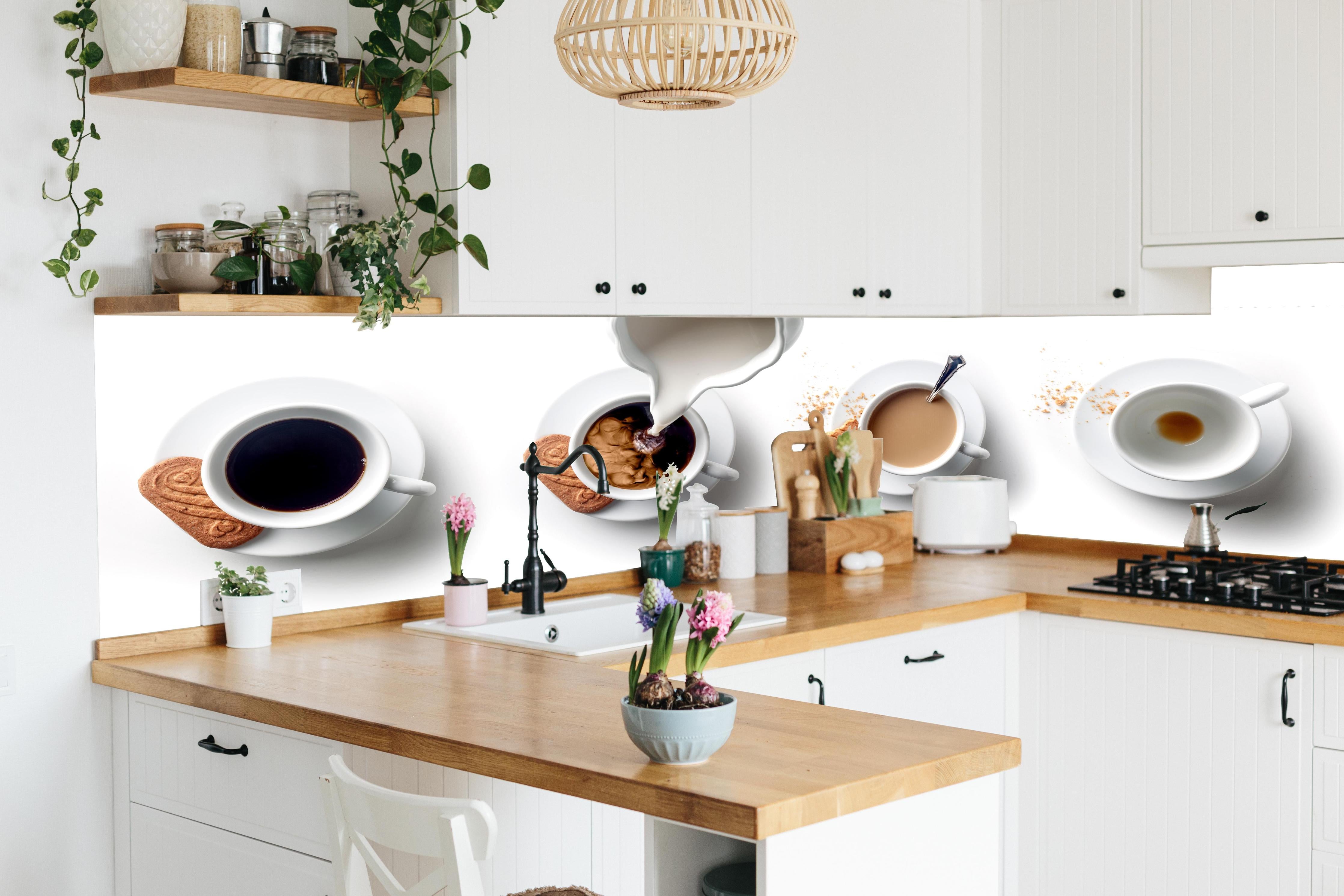 Küche - Weiß-Braun Kaffee-Variationen in lebendiger Küche mit bunten Blumen