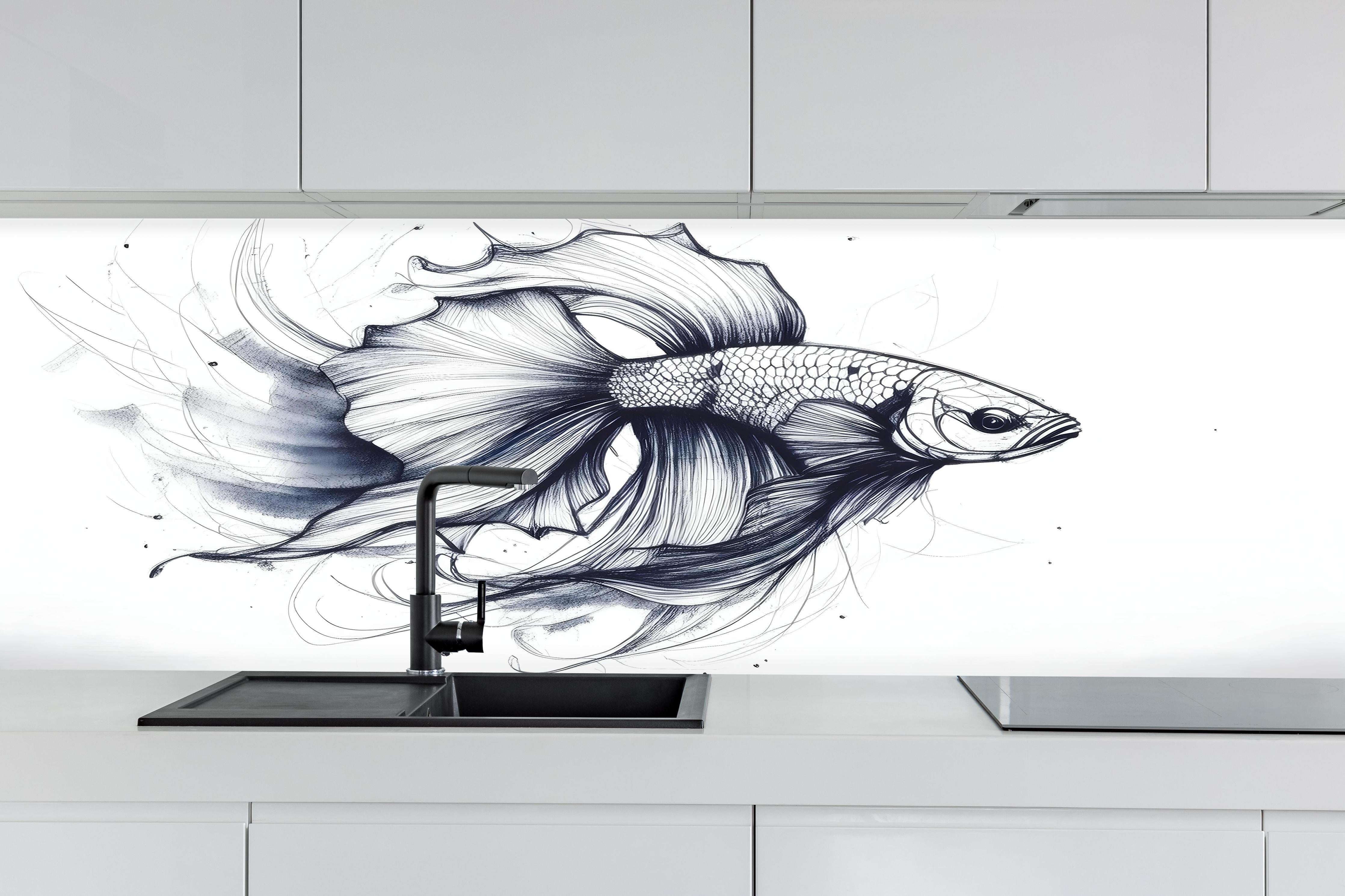 Küche - Weiß-Grau Betta-Fisch Illustration hinter weißen Hochglanz-Küchenregalen und schwarzem Wasserhahn