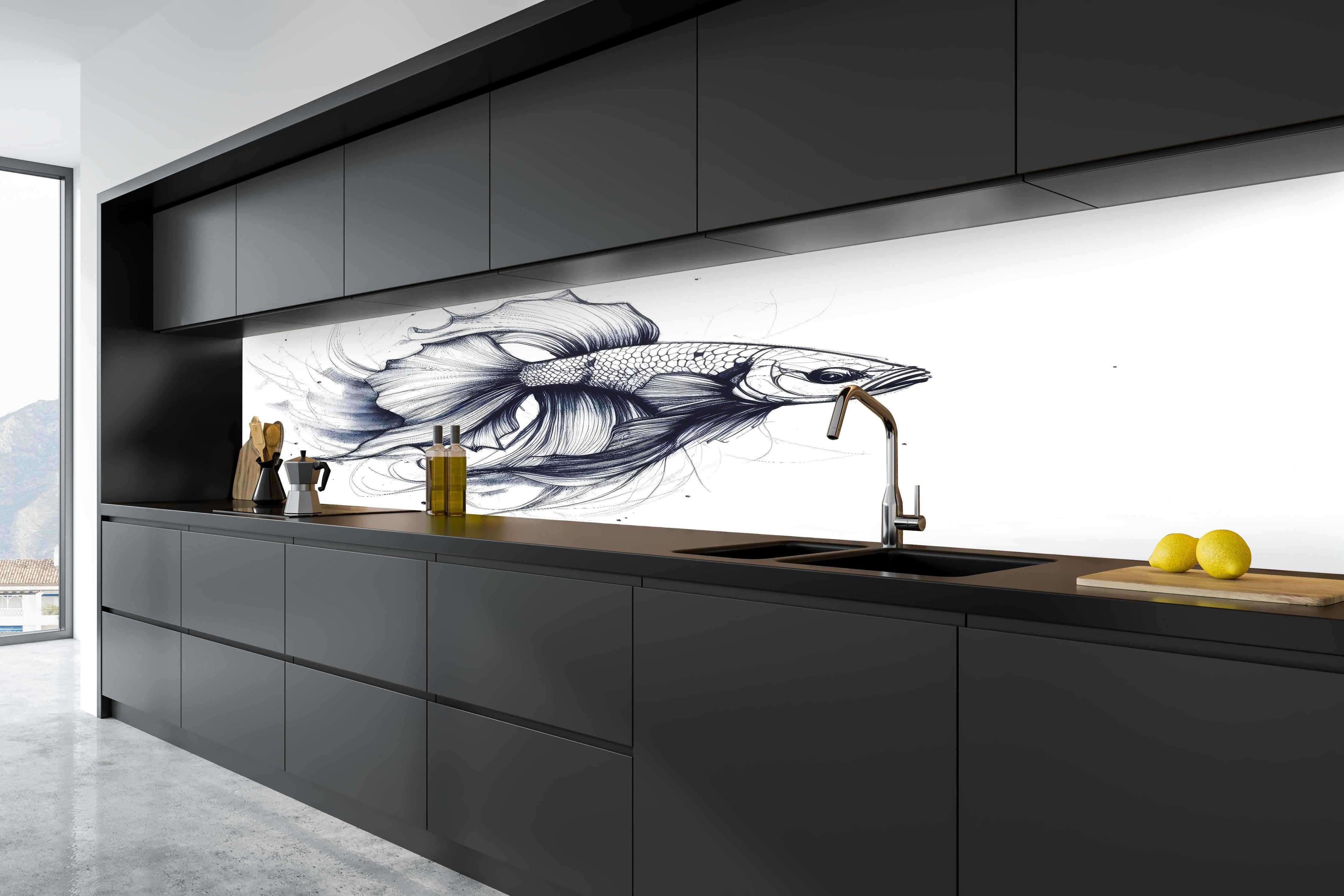 Küche - Weiß-Grau Betta-Fisch Illustration in tiefschwarzer matt-premium Einbauküche