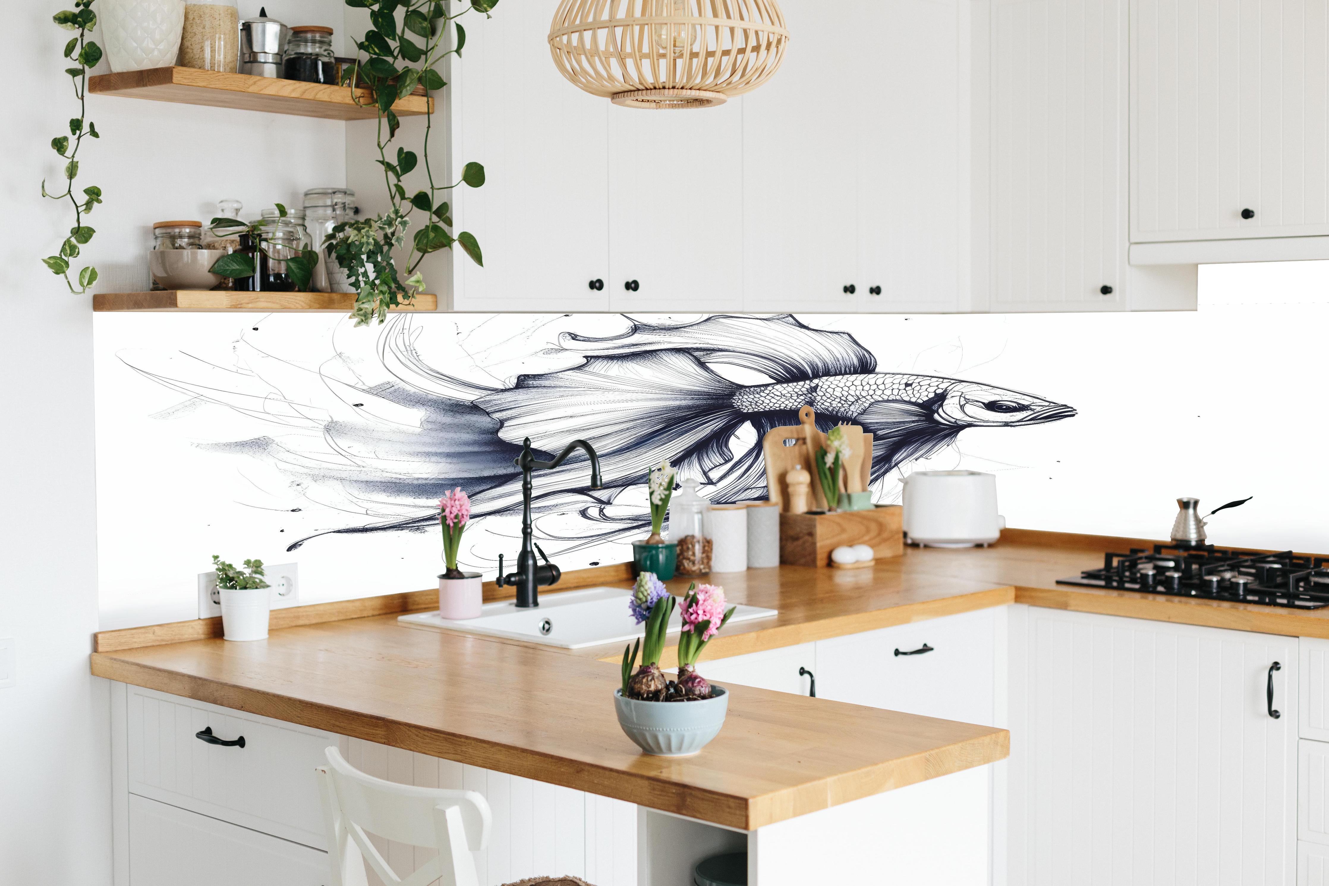 Küche - Weiß-Grau Betta-Fisch Illustration in lebendiger Küche mit bunten Blumen