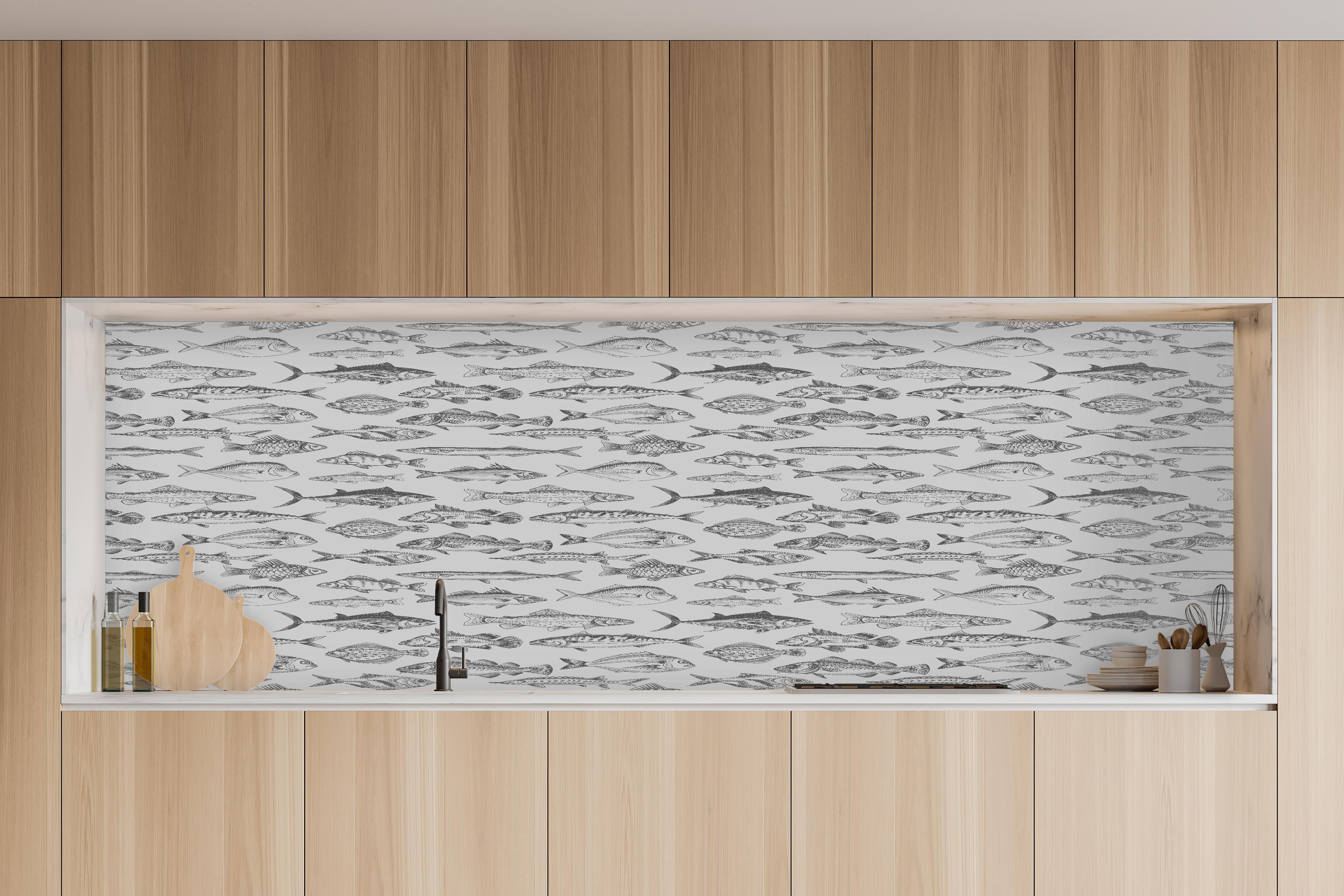 Küche - Weiß-Grau Fischmuster in charakteristischer Vollholz-Küche mit modernem Gasherd