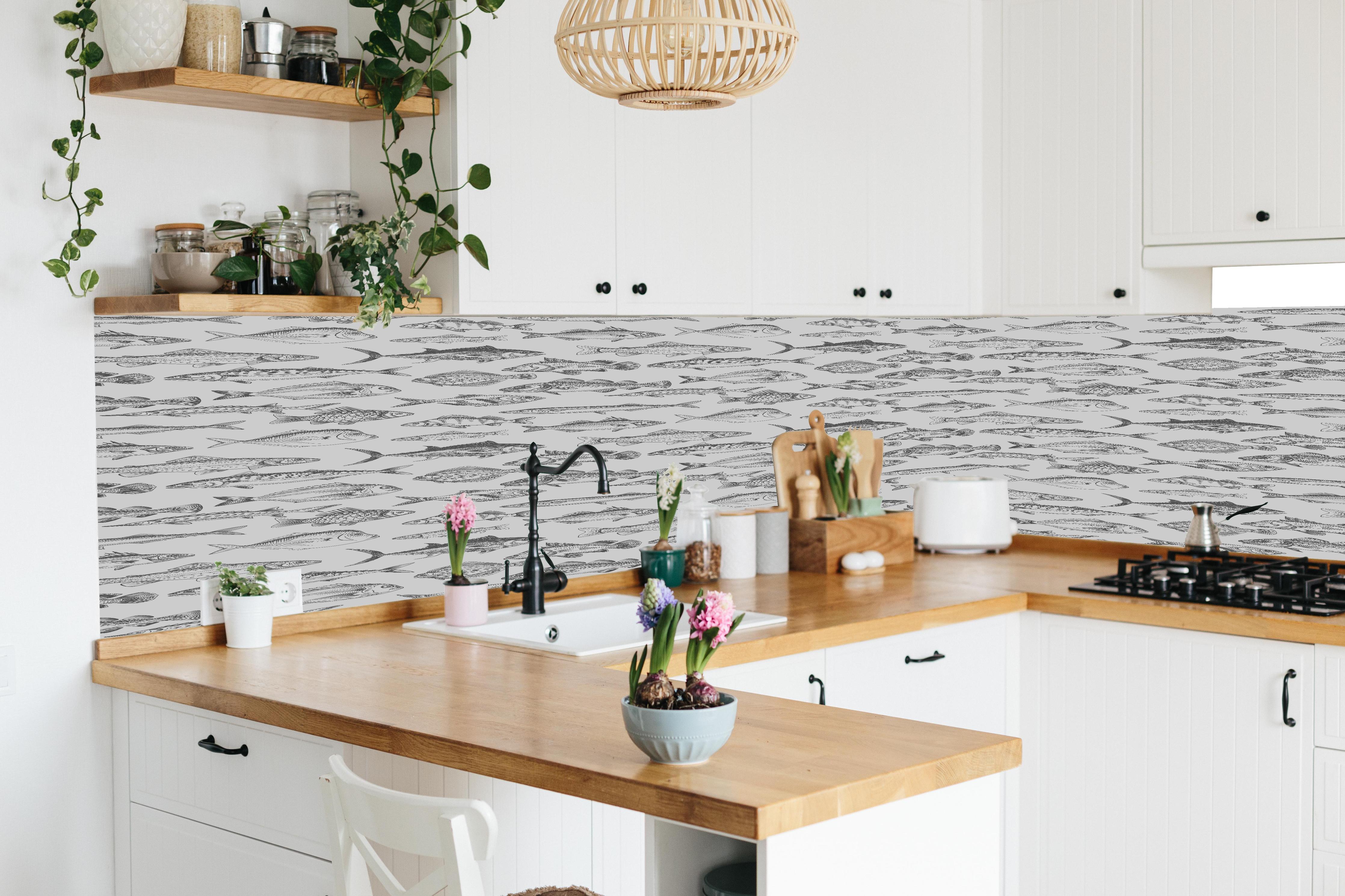 Küche - Weiß-Grau Fischmuster in lebendiger Küche mit bunten Blumen