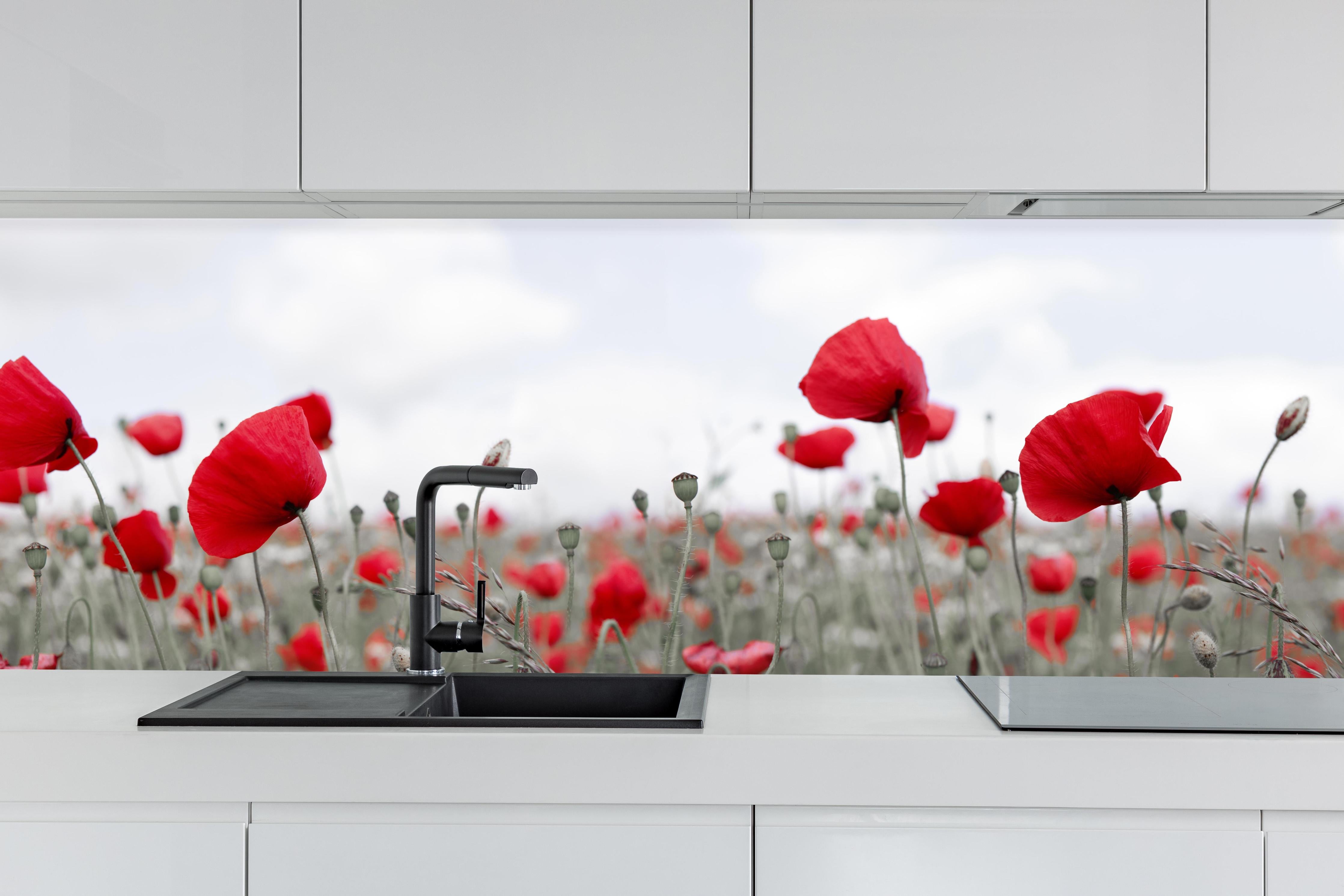 Küche - Weites rotes Mohnfeld Panorama hinter weißen Hochglanz-Küchenregalen und schwarzem Wasserhahn