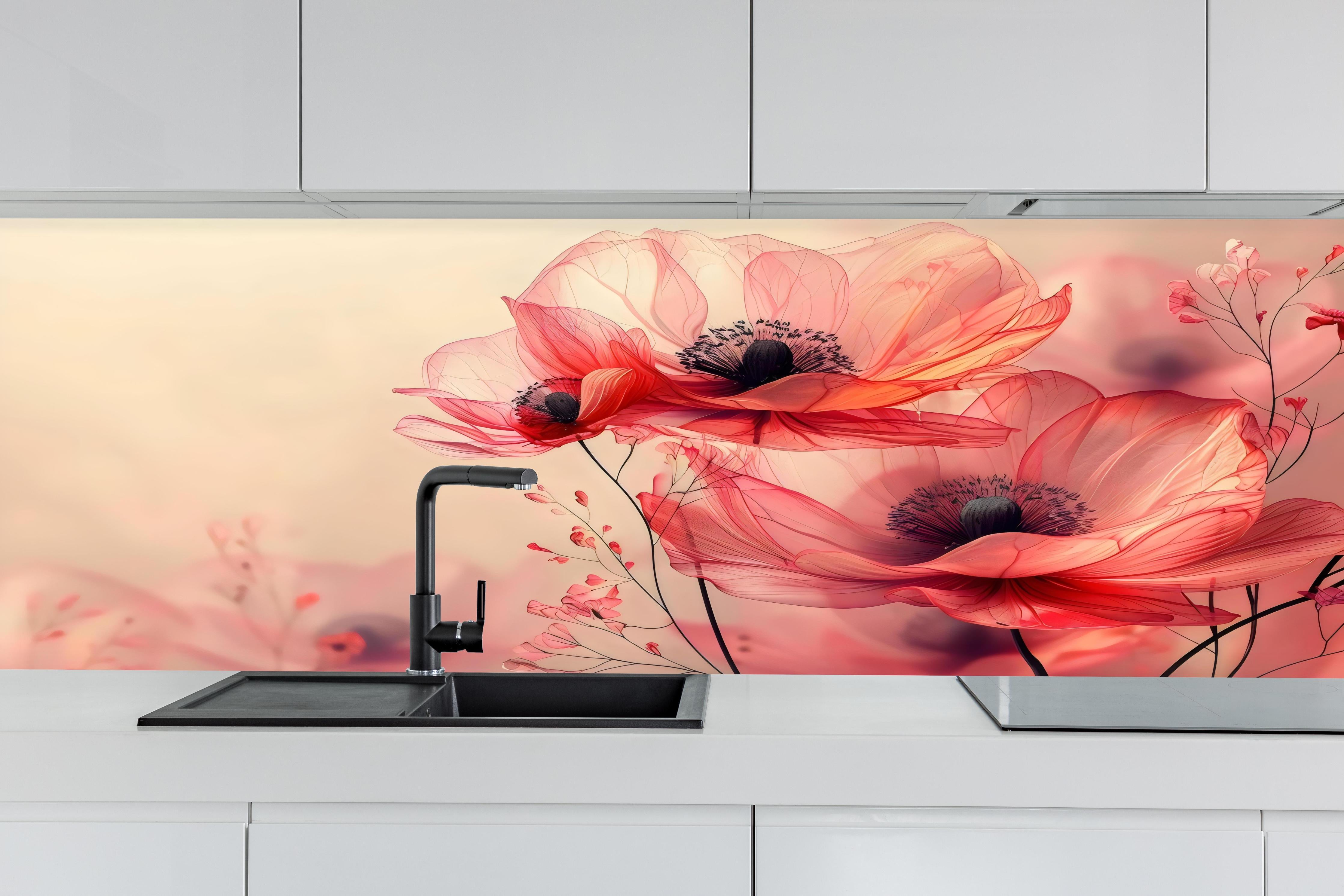 Küche - Zarte Mohnblüten in Rosa hinter weißen Hochglanz-Küchenregalen und schwarzem Wasserhahn