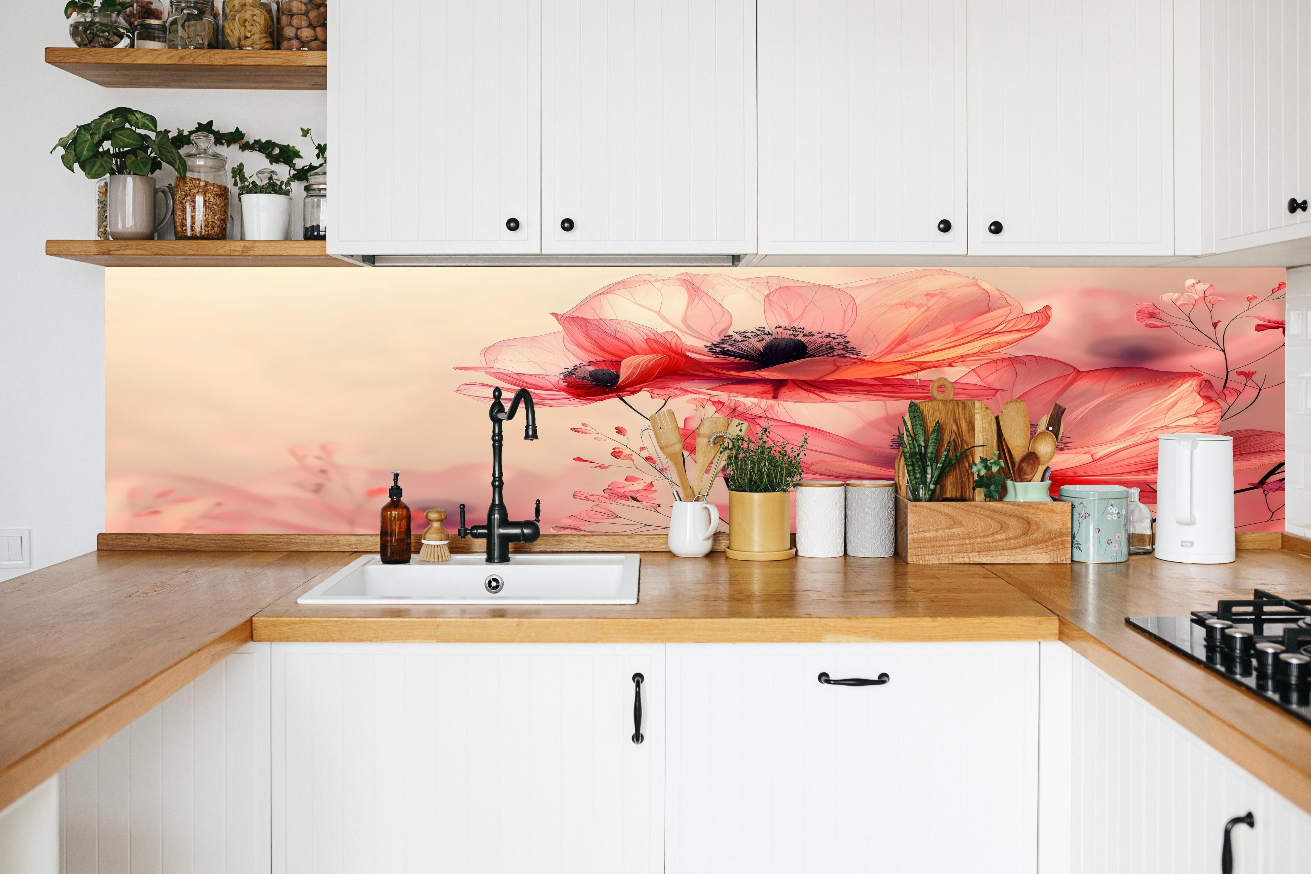 Küche - Zarte Mohnblüten in Rosa in weißer Küche hinter Gewürzen und Kochlöffeln aus Holz