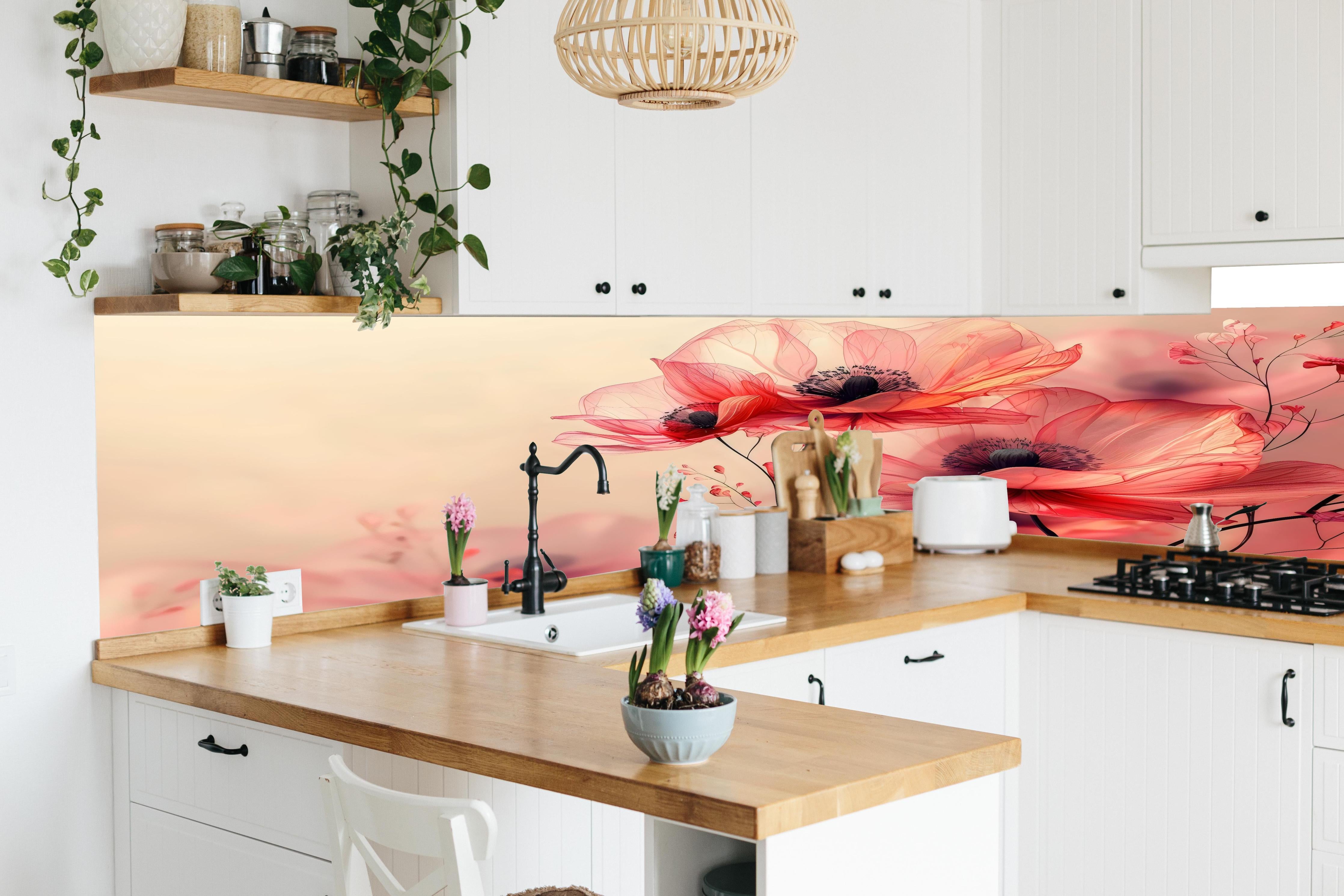 Küche - Zarte Mohnblüten in Rosa in lebendiger Küche mit bunten Blumen