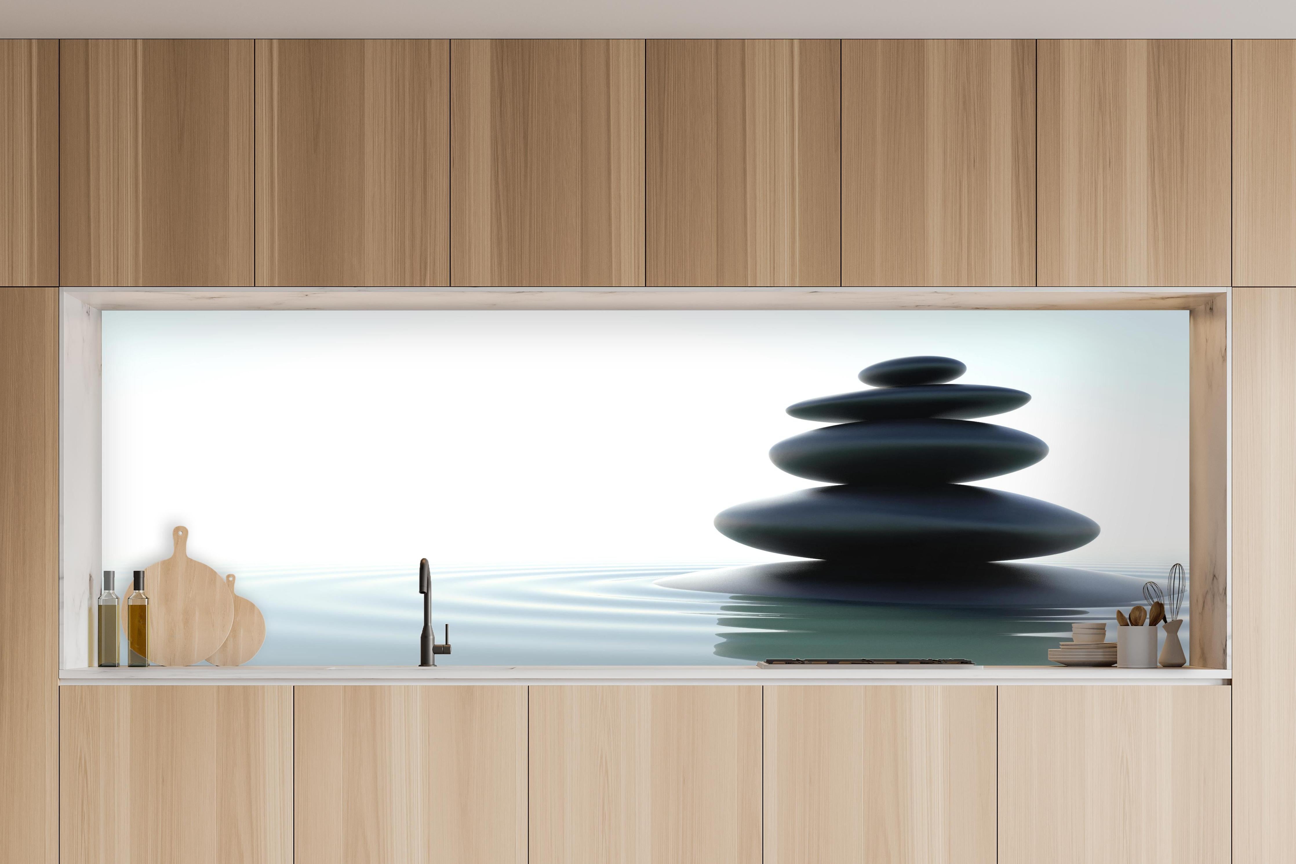 Küche - Zen-Steine Weiß-Grau in charakteristischer Vollholz-Küche mit modernem Gasherd