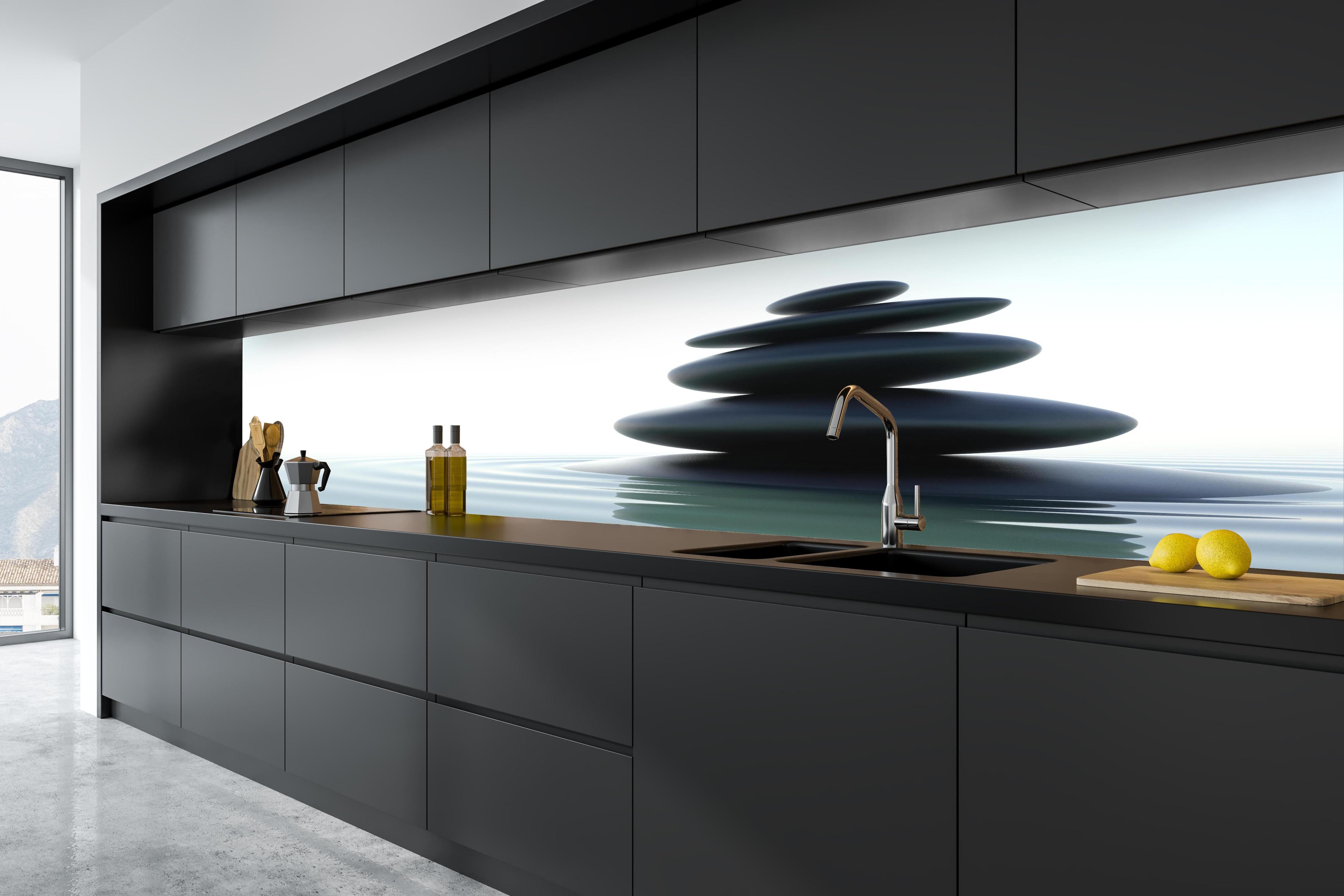 Küche - Zen-Steine Weiß-Grau in tiefschwarzer matt-premium Einbauküche