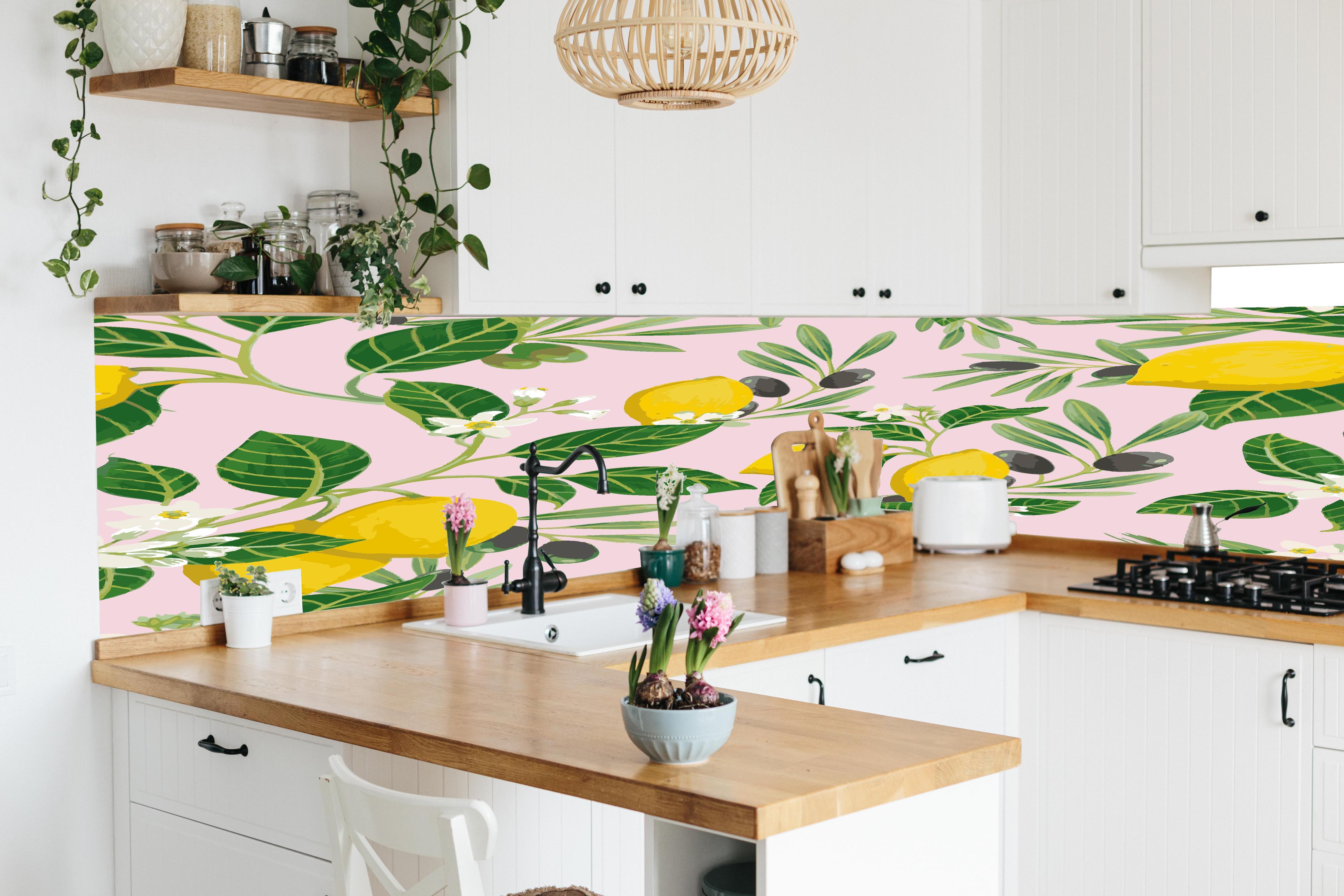 Küche - Zitronen- und Limettenmuster Rosa in lebendiger Küche mit bunten Blumen
