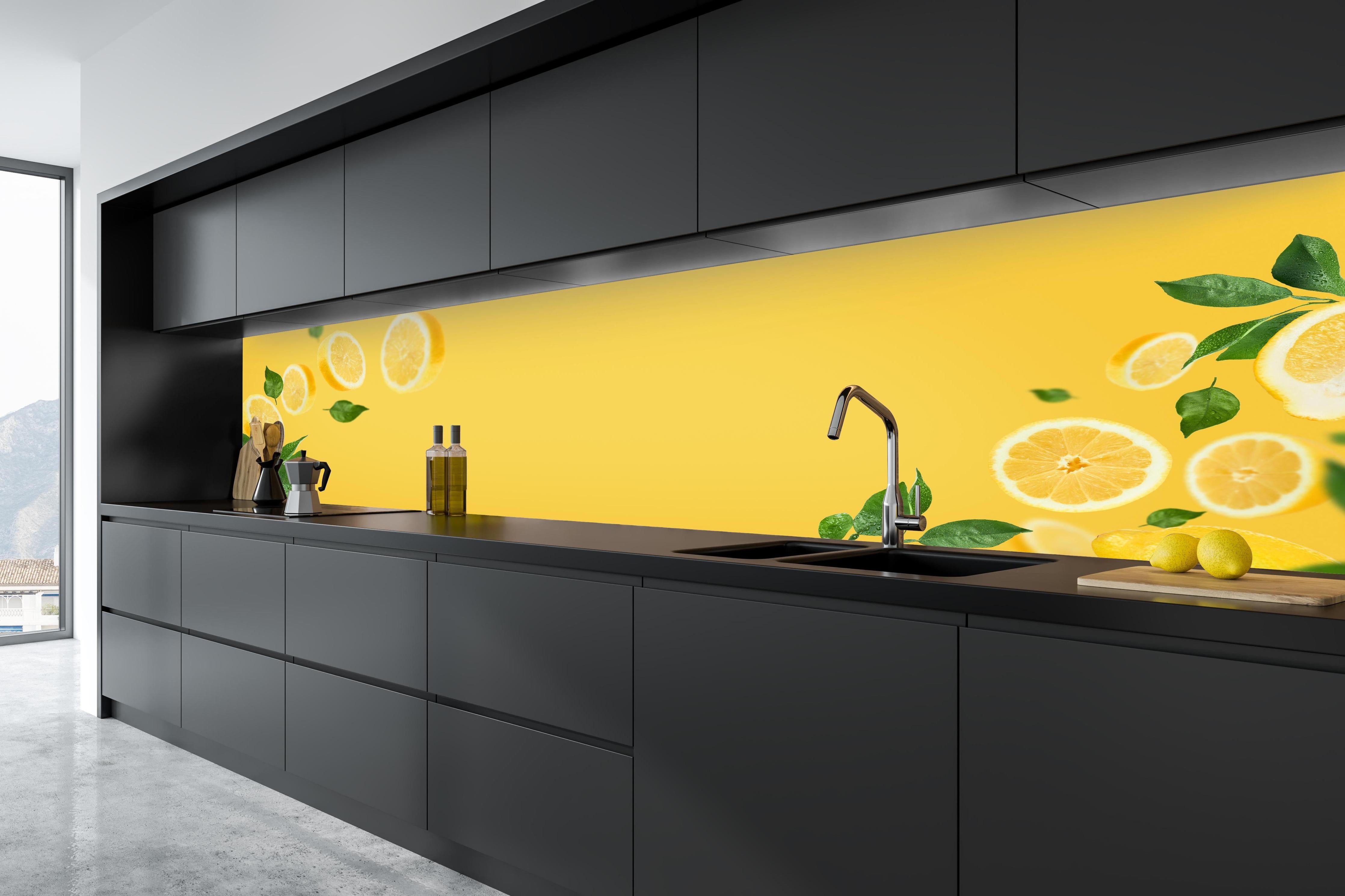 Küche - Zitronen Limetten Gelb-Grün in tiefschwarzer matt-premium Einbauküche