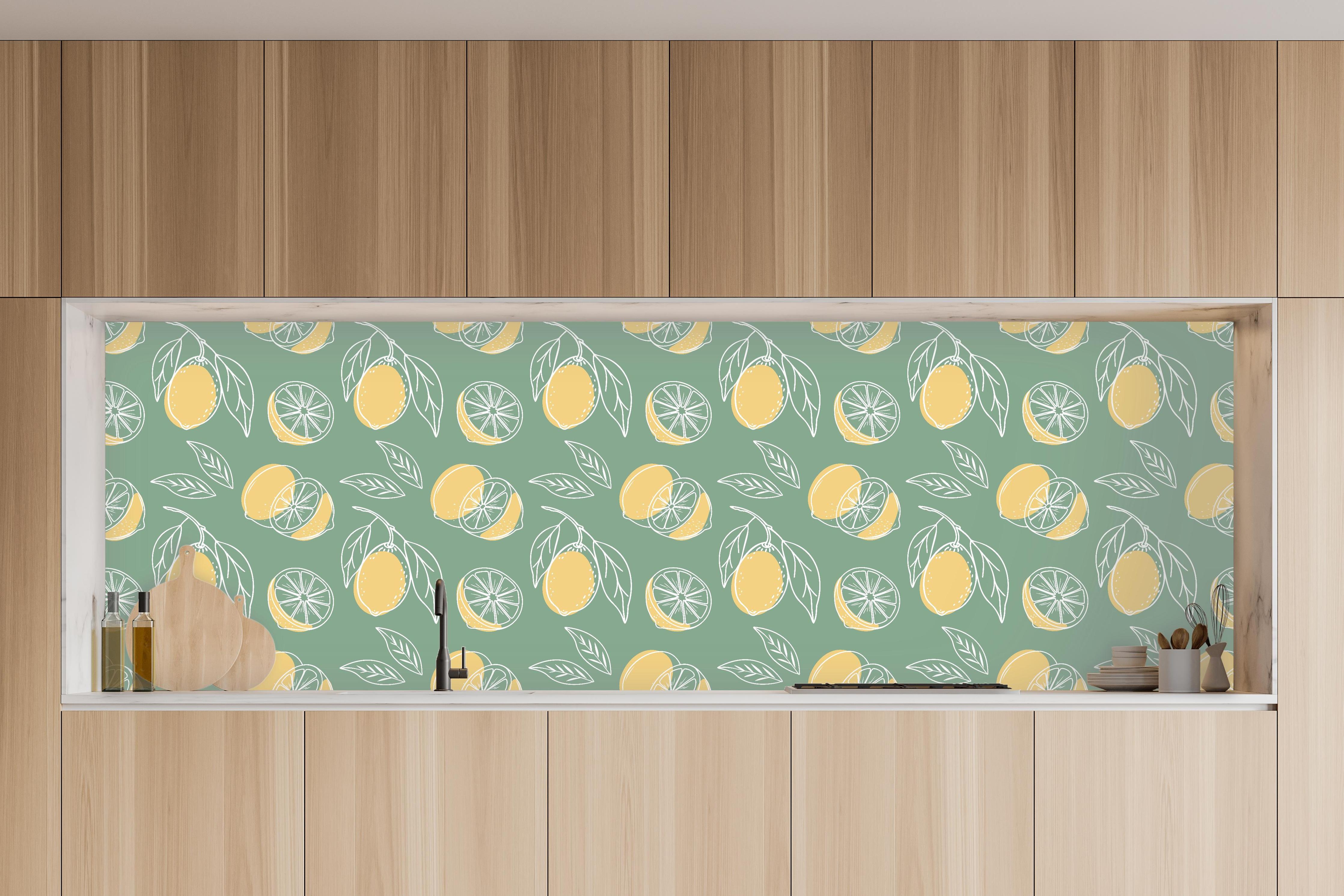 Küche - Zitronen-Muster Grün-Gelb in charakteristischer Vollholz-Küche mit modernem Gasherd