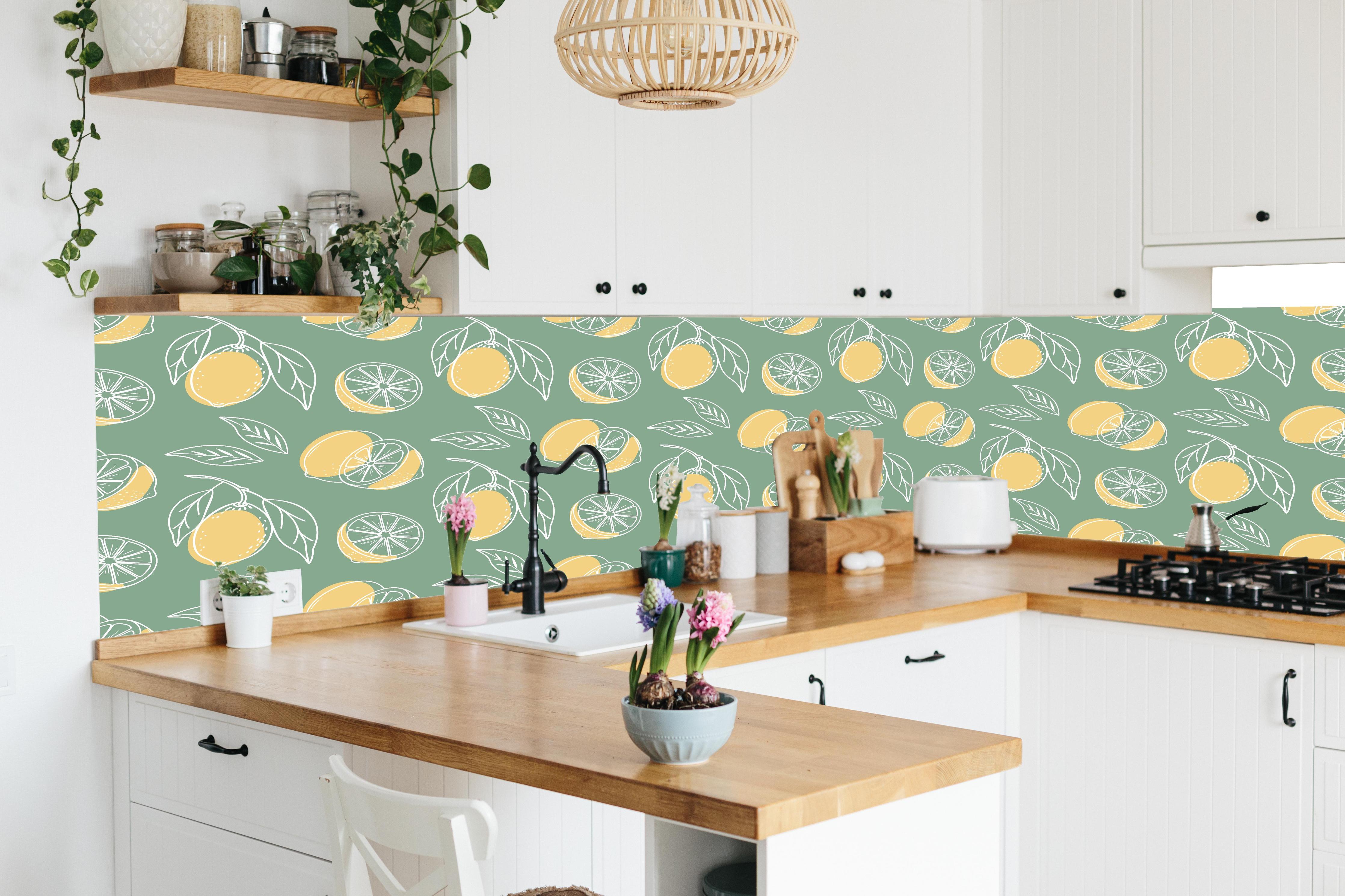Küche - Zitronen-Muster Grün-Gelb in lebendiger Küche mit bunten Blumen