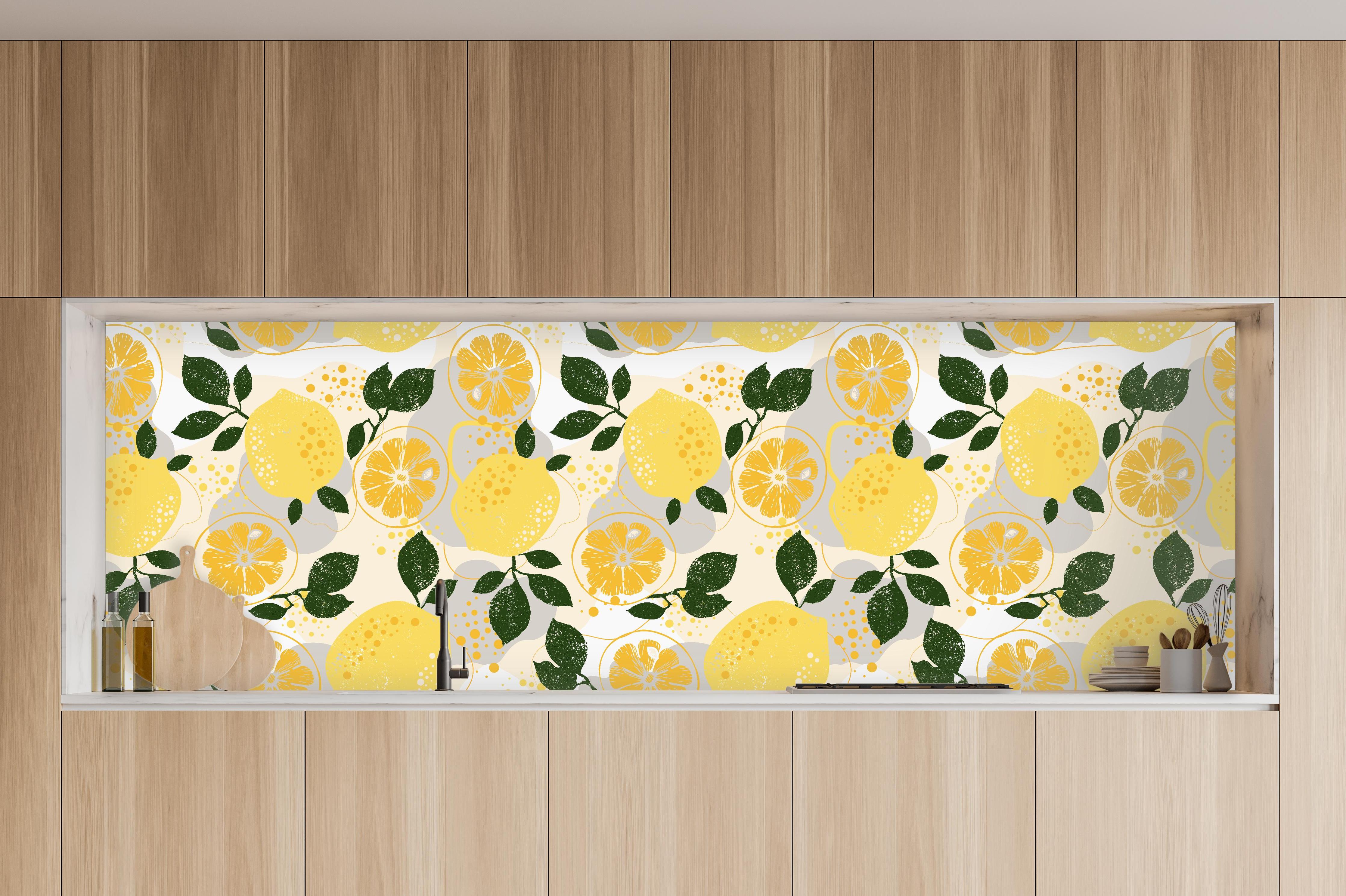 Küche - Zitronenmuster Gelb-Grün in charakteristischer Vollholz-Küche mit modernem Gasherd